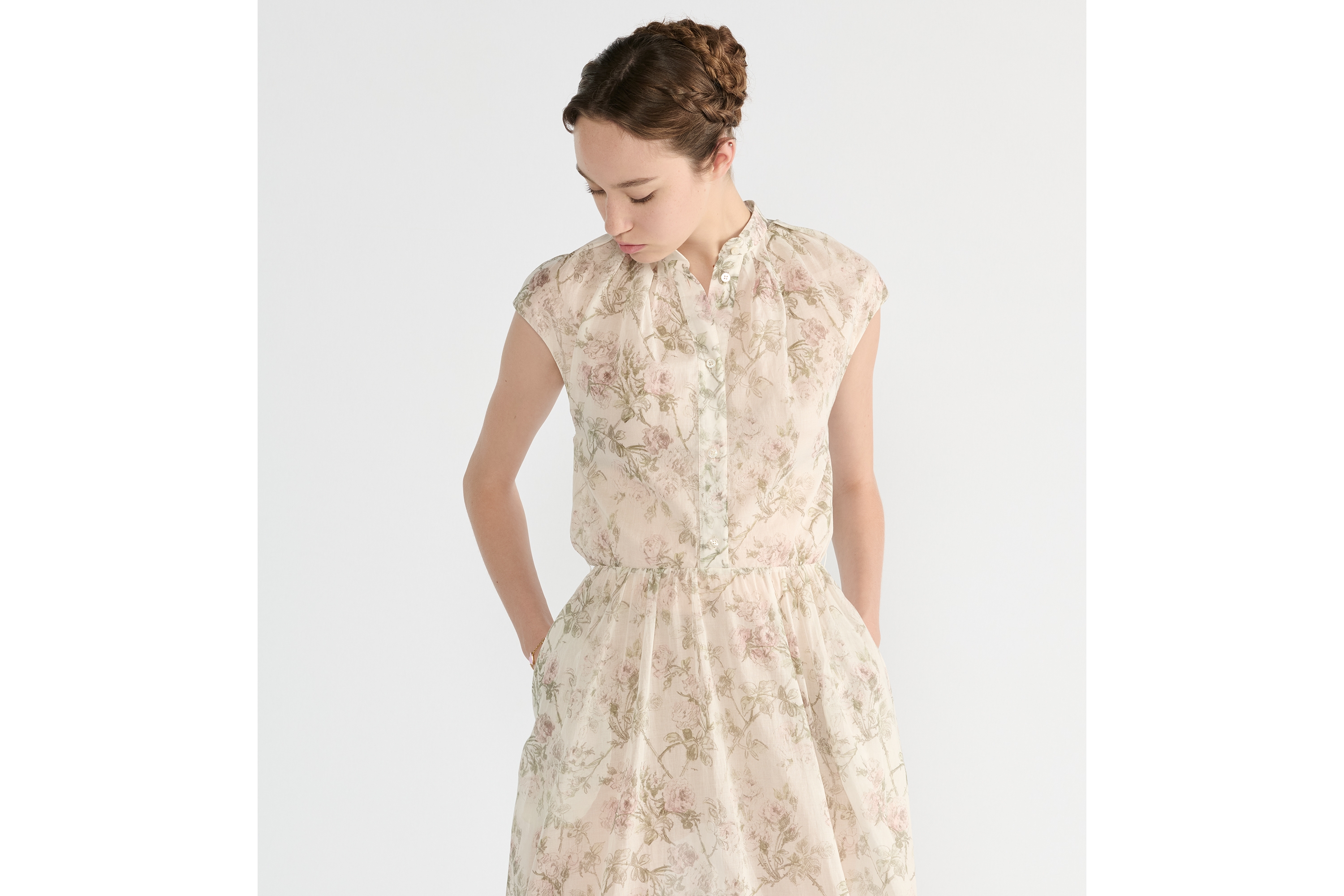 Midi-Hemdkleid Baumwollmusselin in Weiß mit Rosier de Dior Motiv in mehreren Farben E04