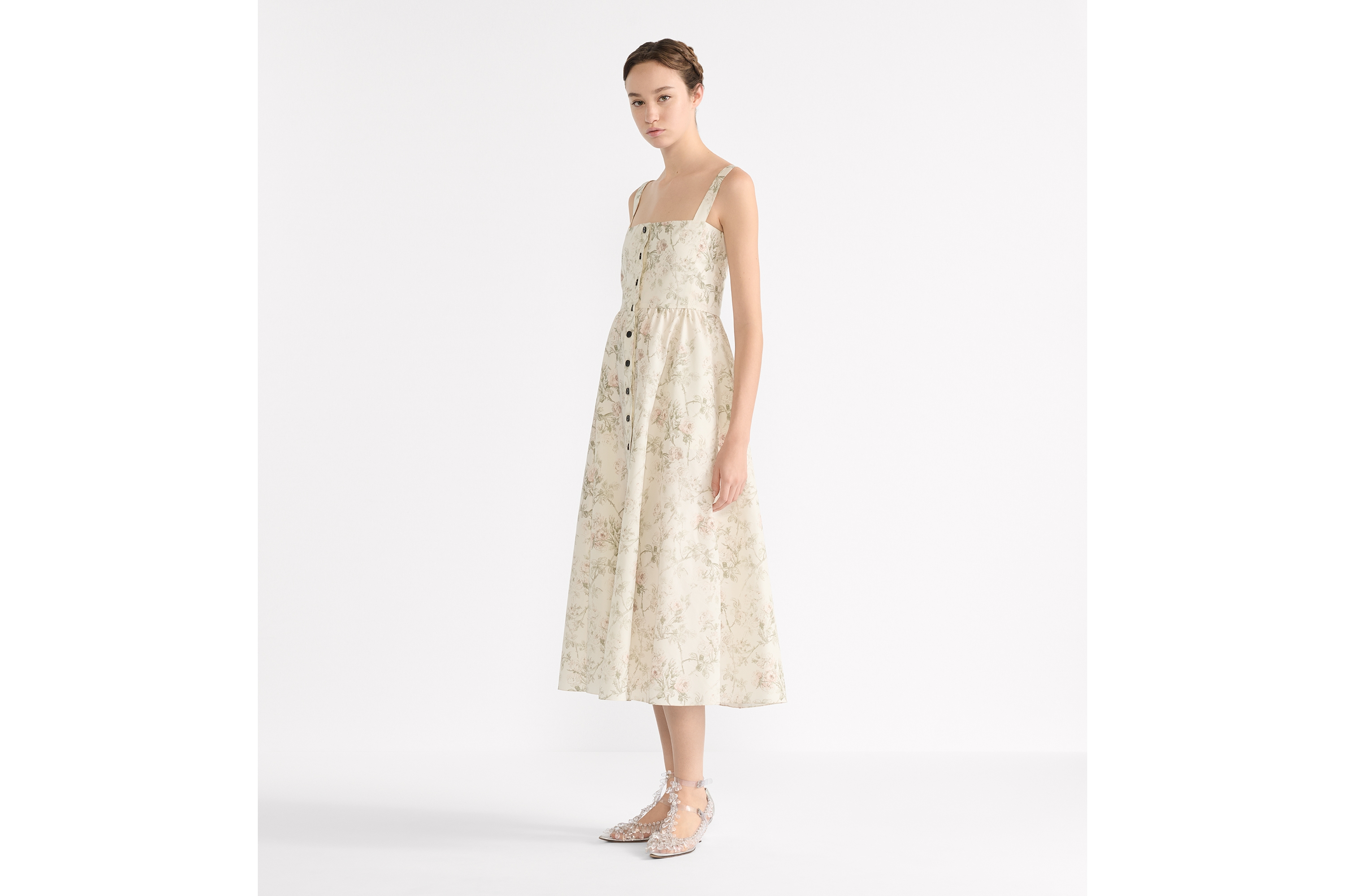 Ausgestelltes Midikleid Baumwoll- und Seidenpopelin in Weiß mit Rosier de Dior Motiv in mehreren Farben E02