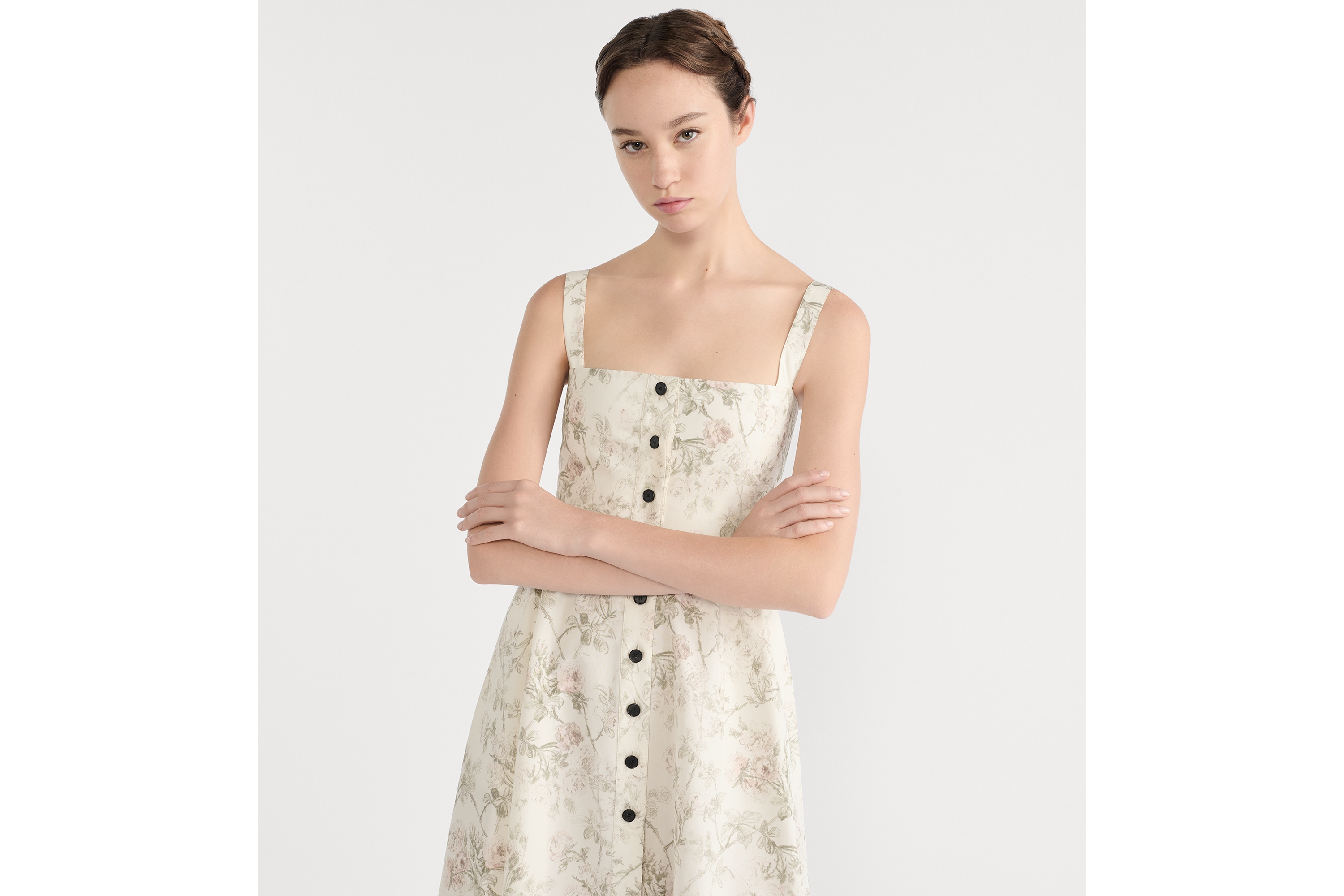 Ausgestelltes Midikleid Baumwoll- und Seidenpopelin in Weiß mit Rosier de Dior Motiv in mehreren Farben E04