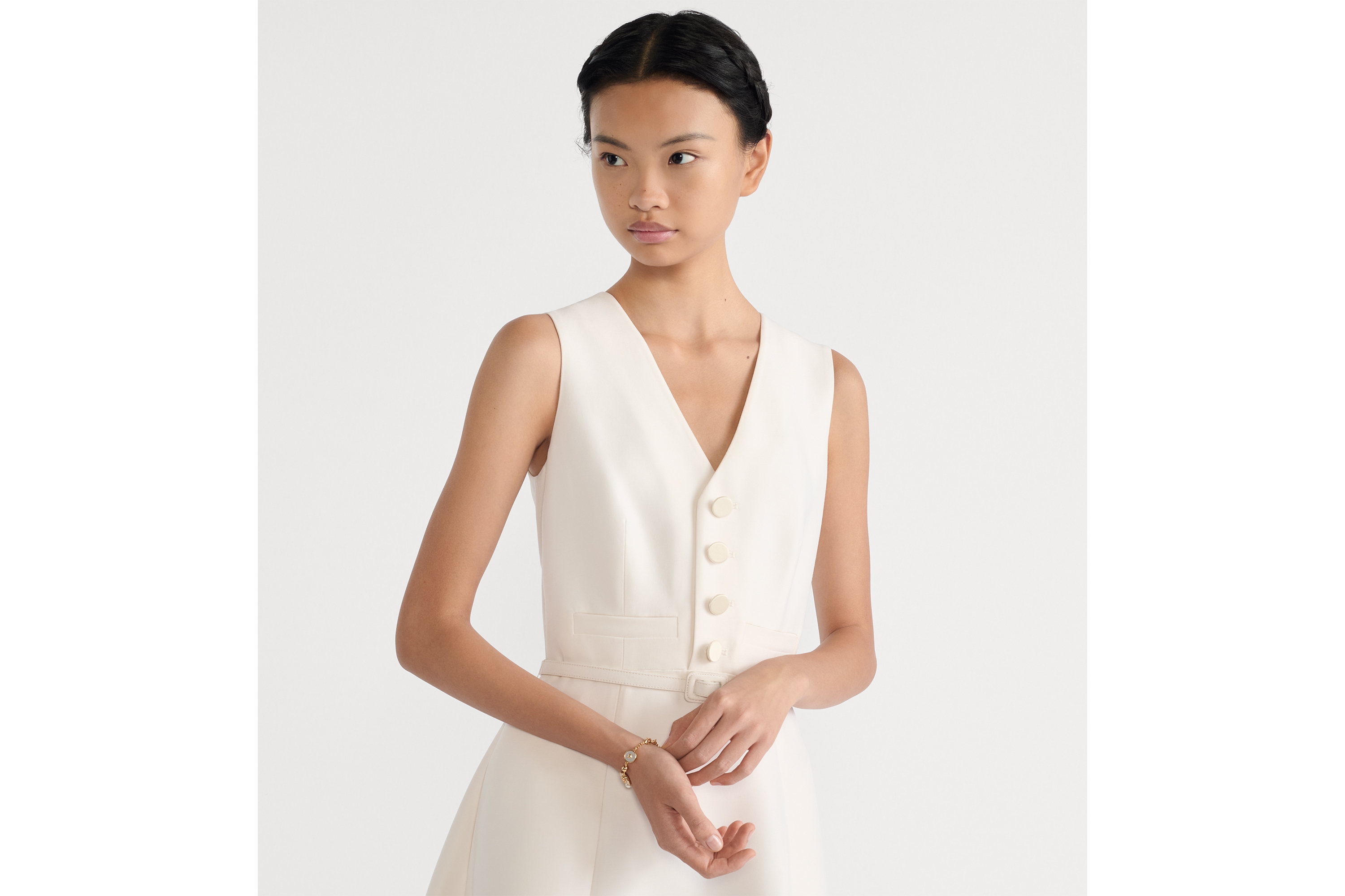 Look Mid-Length Flared Dress with Belt White Wool and Silk Shantung E05