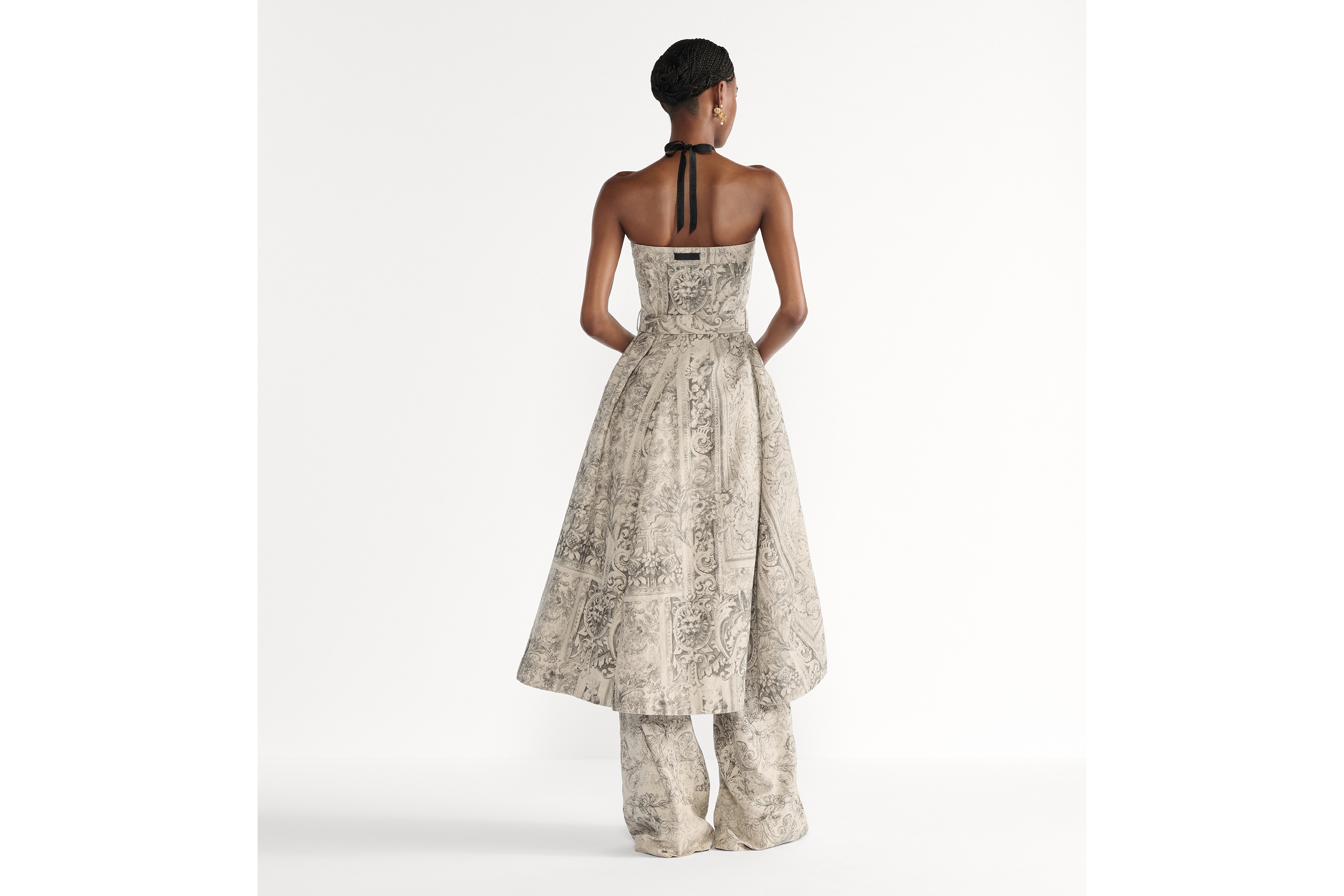 Look Mid-Length Belted Bustier Dress Beige Dior Barocco Cotton-Linen Denim E03