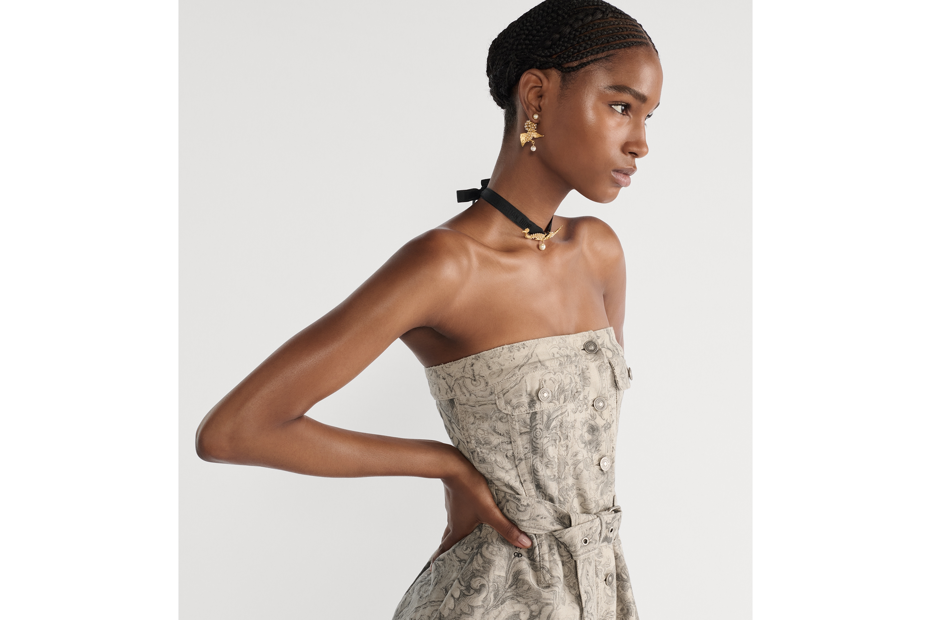 Look Mid-Length Belted Bustier Dress Beige Dior Barocco Cotton-Linen Denim E05