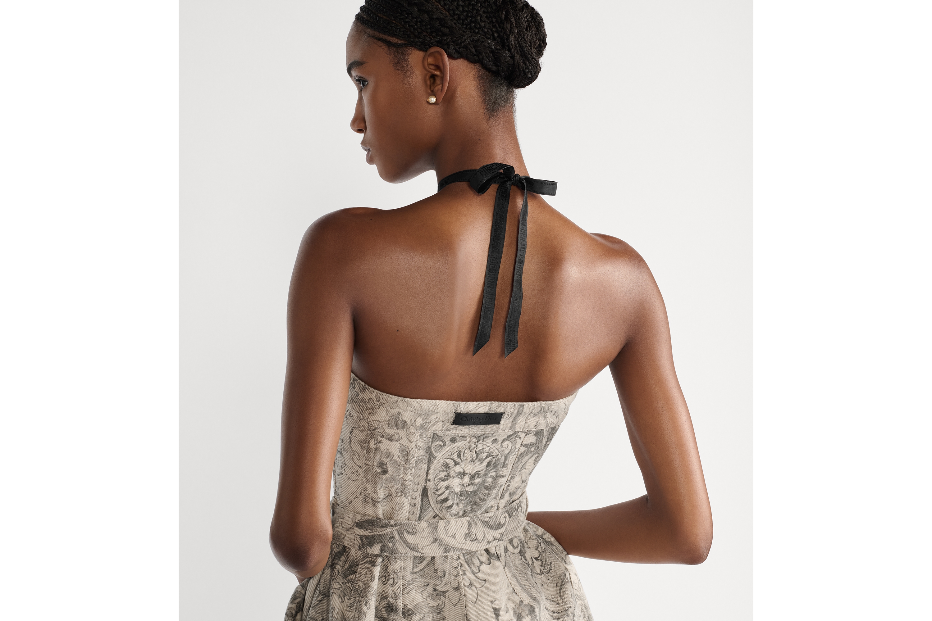 Look Mid-Length Belted Bustier Dress Beige Dior Barocco Cotton-Linen Denim E06