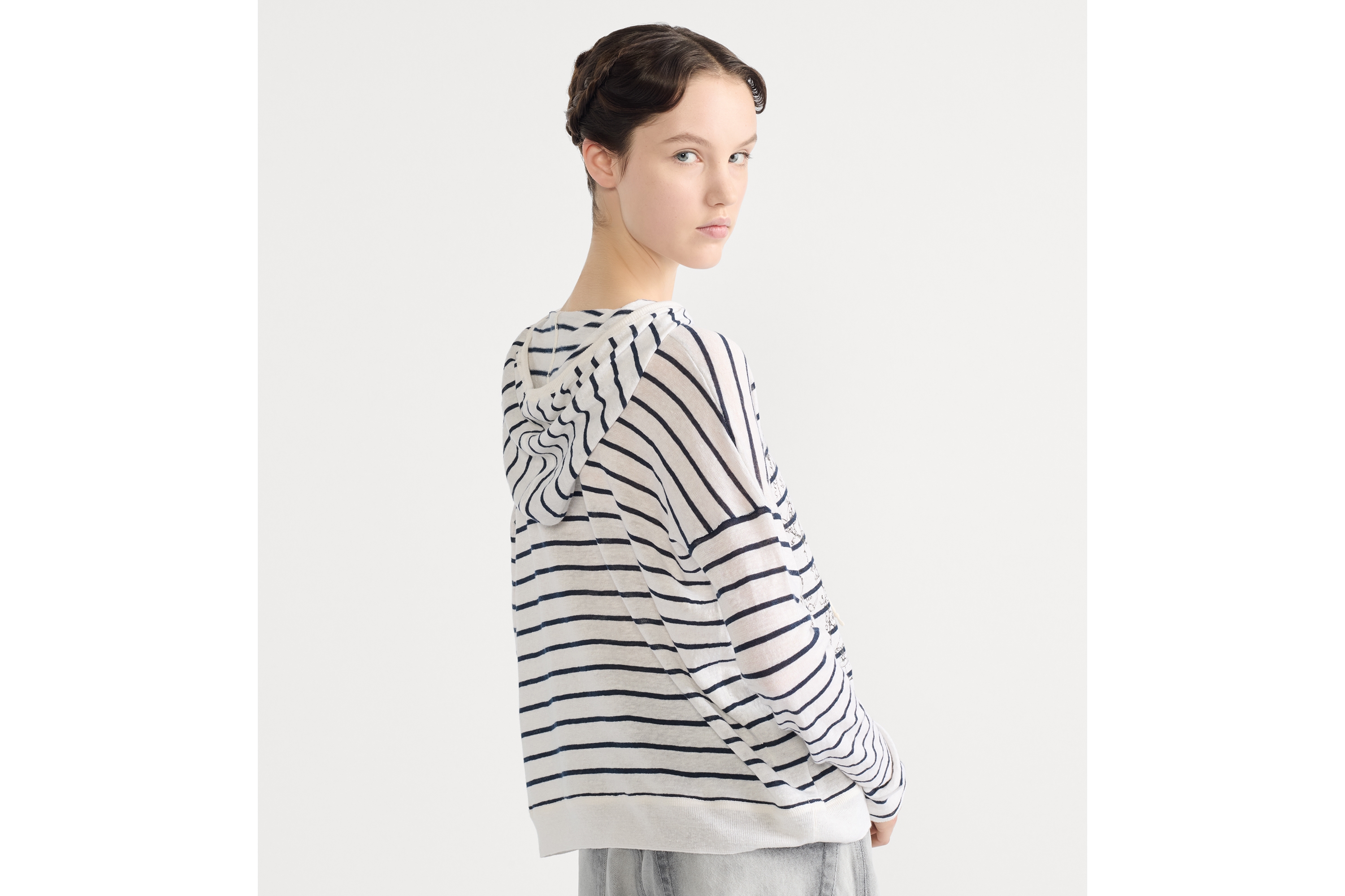 Dior Marinière Hooded Sweater Navy Blue and White Linen, Cashmere and Silk Knit with Dioresque Stella Motif E06