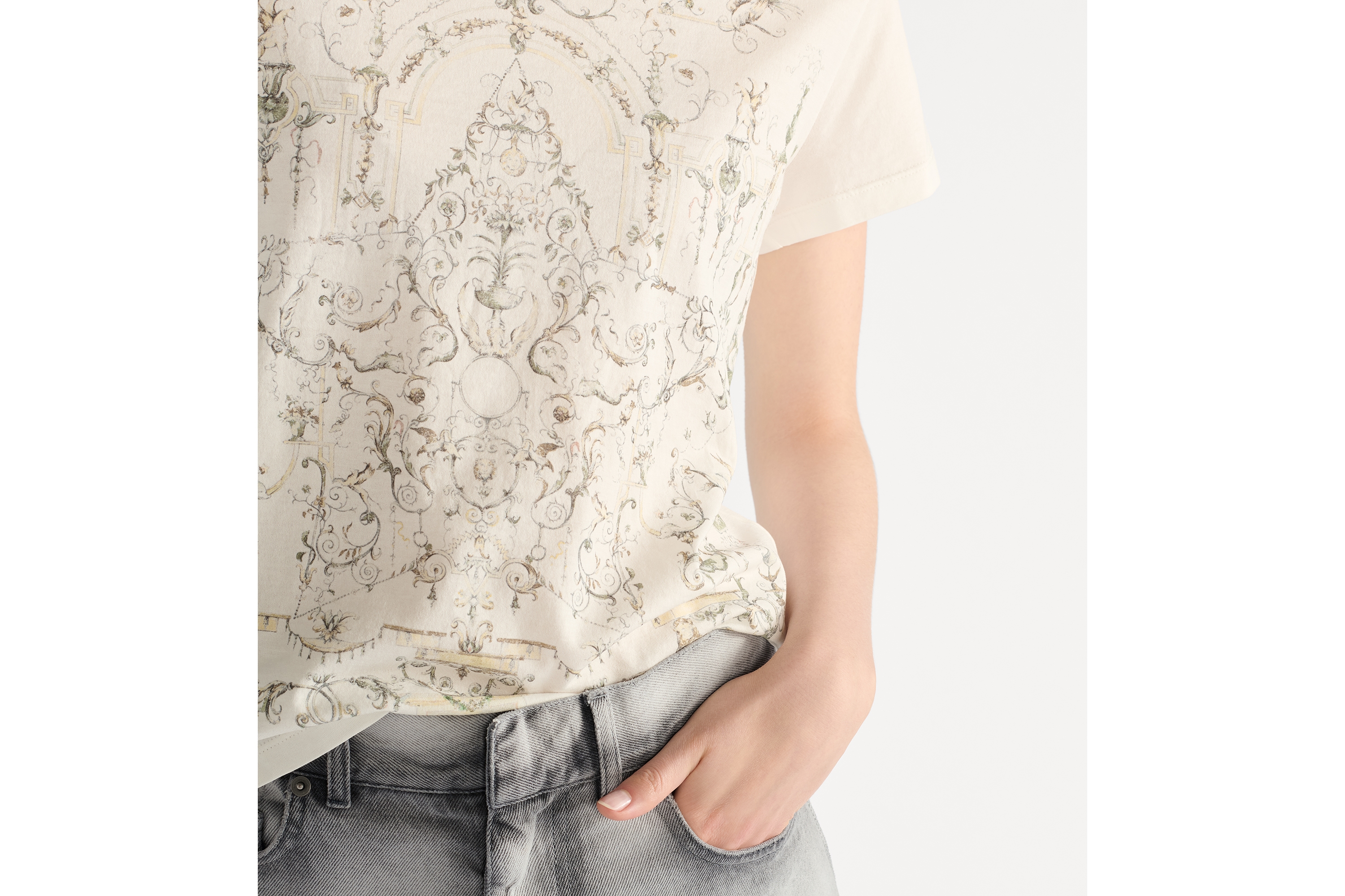 티셔츠 화이트 코튼 저지 & 멀티 컬러 Dioresque Stella 모티브 E13