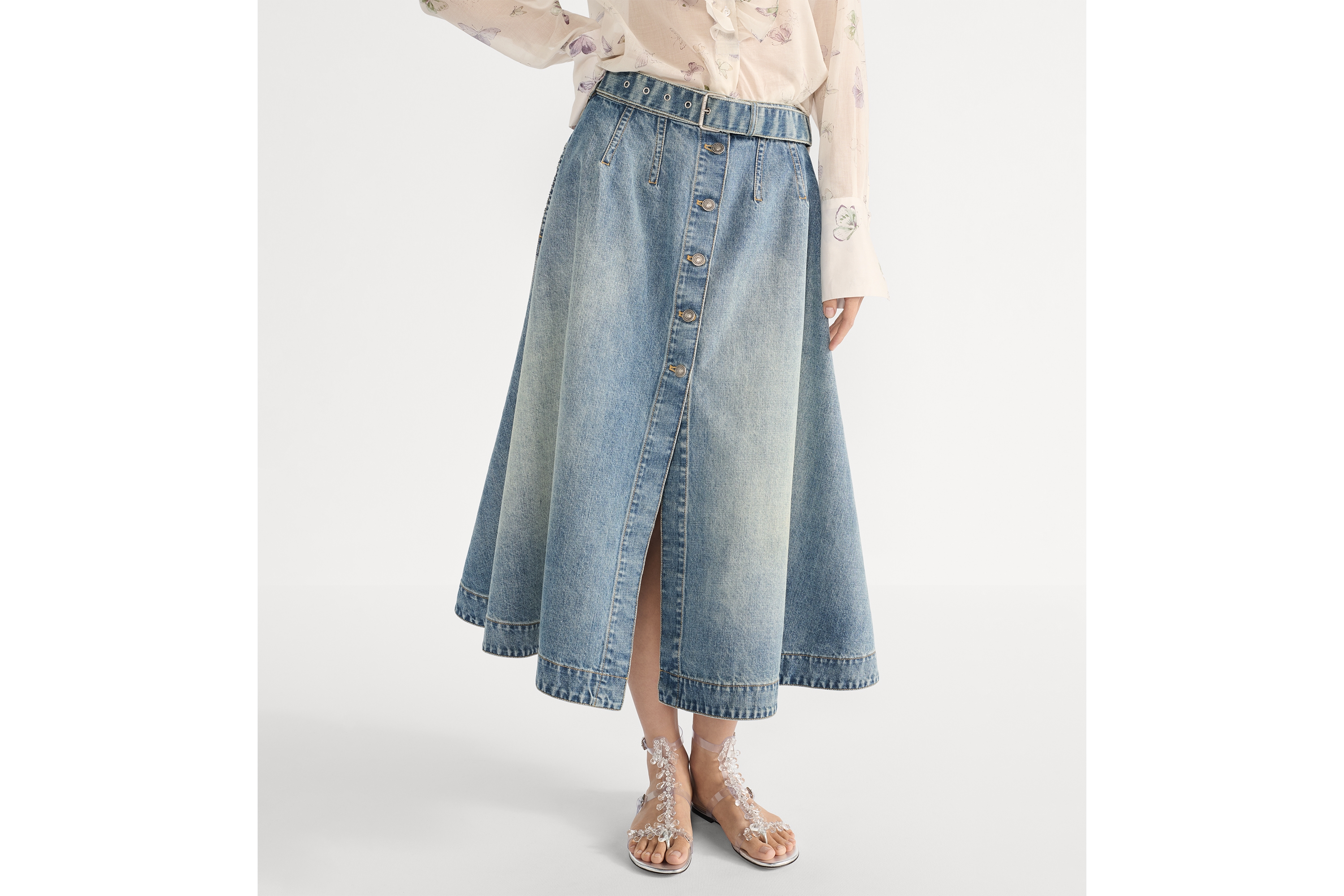 Mid-Length Flared Skirt Blue Stonewashed Cotton Denim with Dior Oblique Interior E14