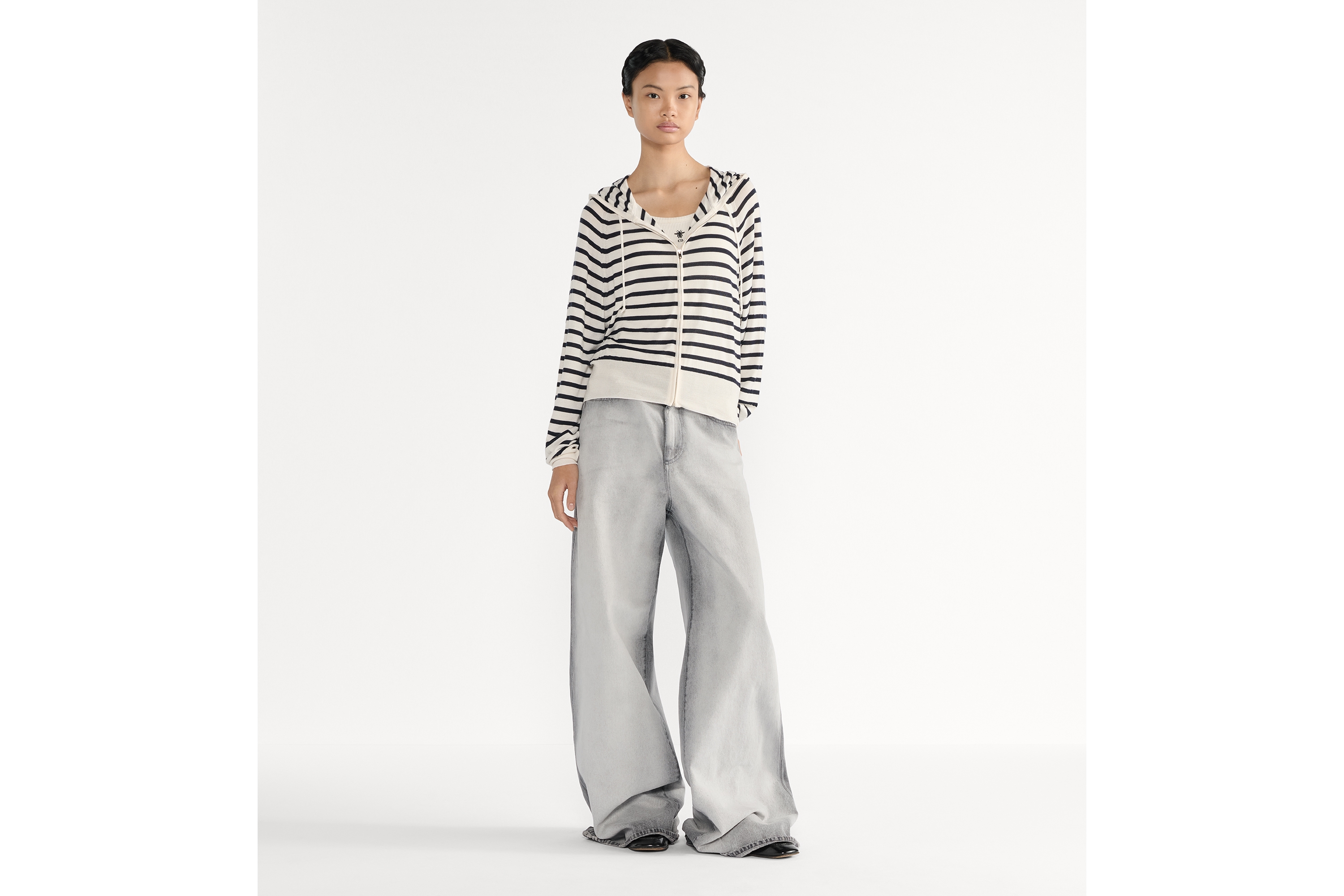 Dior Marinière Zipped Cardigan with Hood White and Navy Blue