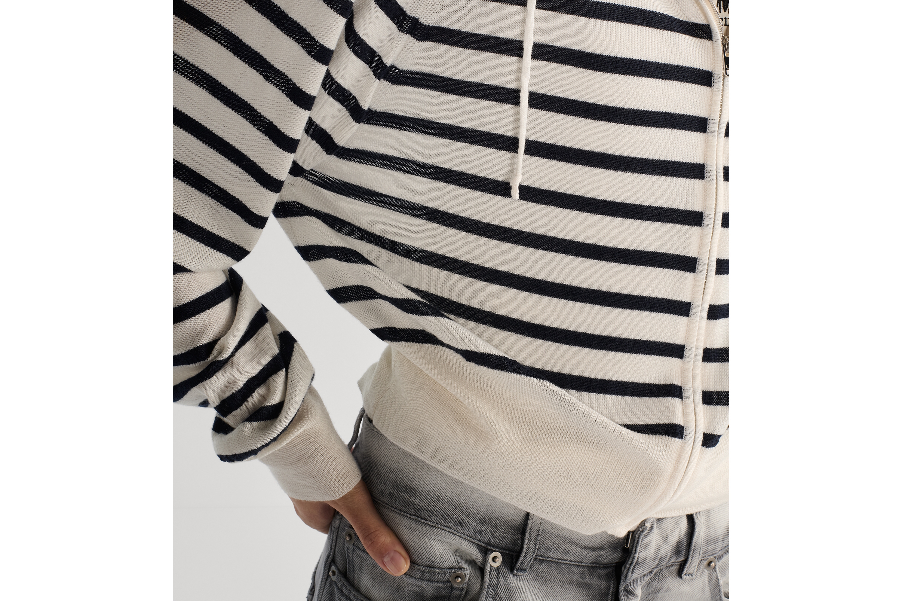 Dior Marinière 拉鏈連帽開襟羊毛衫 白色和海軍藍羊絨及絲綢針織 E13