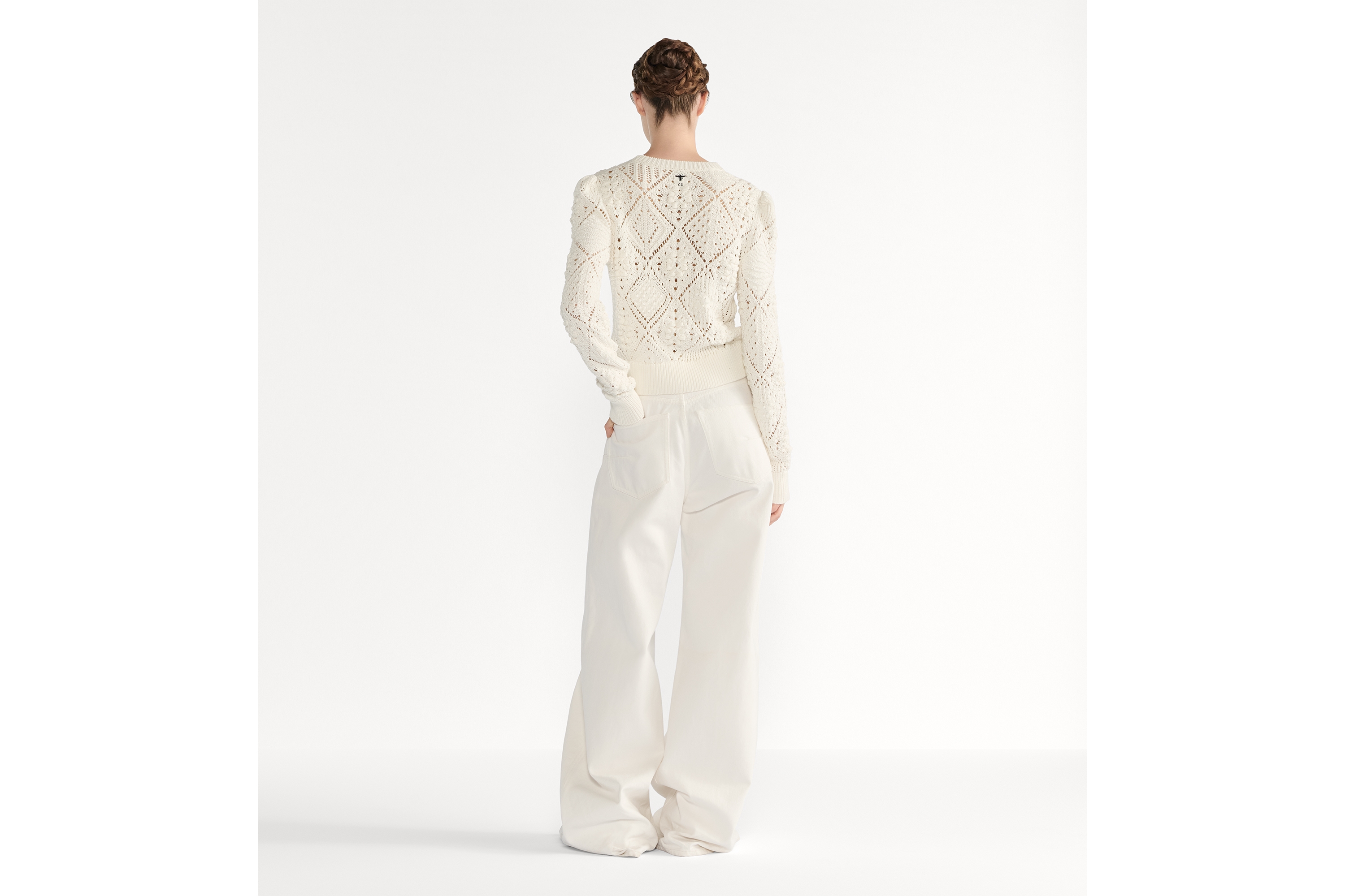 Look Sweater White Openwork Cotton Knit E03