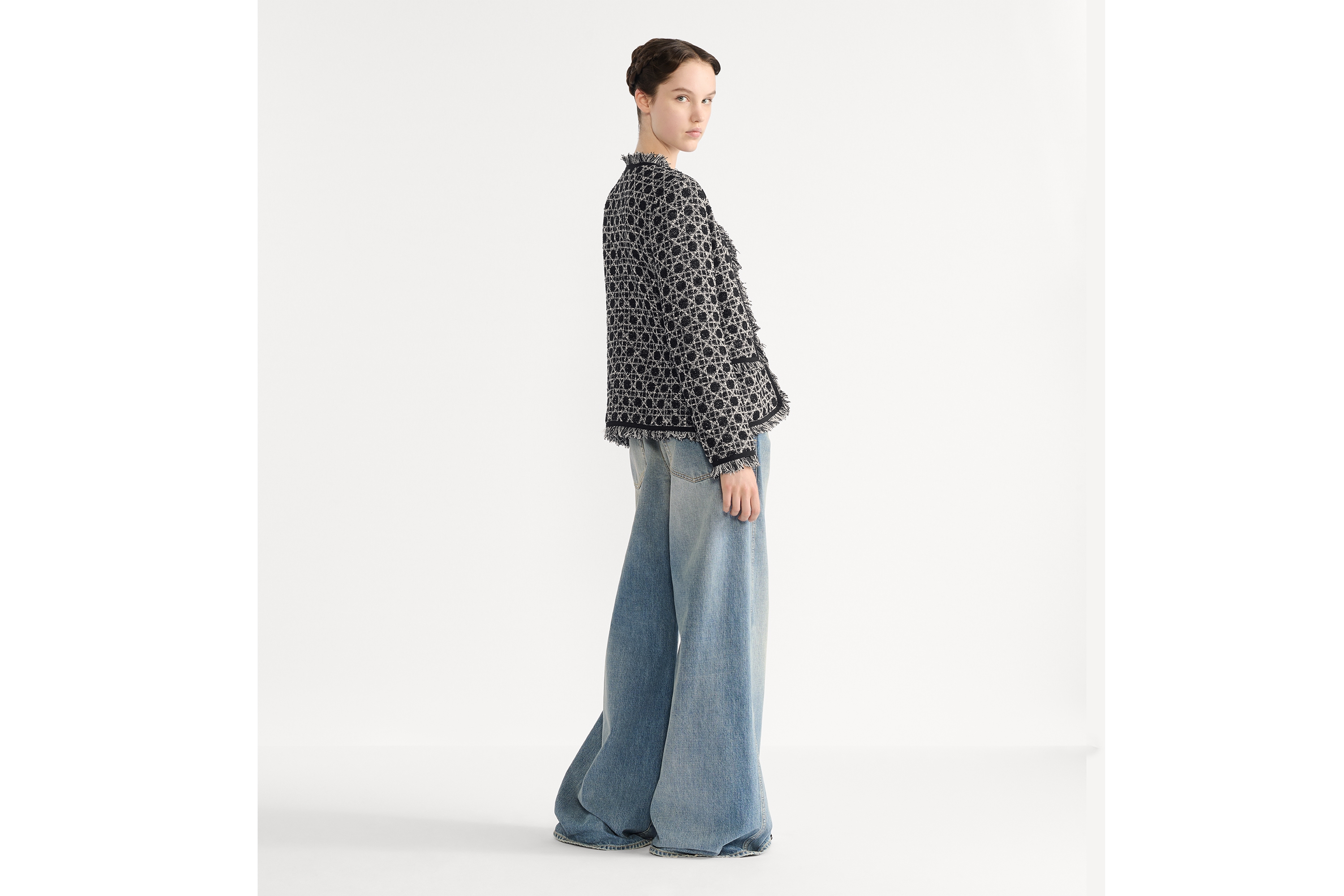 Look Macrocannage Regular-Fit Jacket Black and White Cotton-Blend Tweed Knit E03