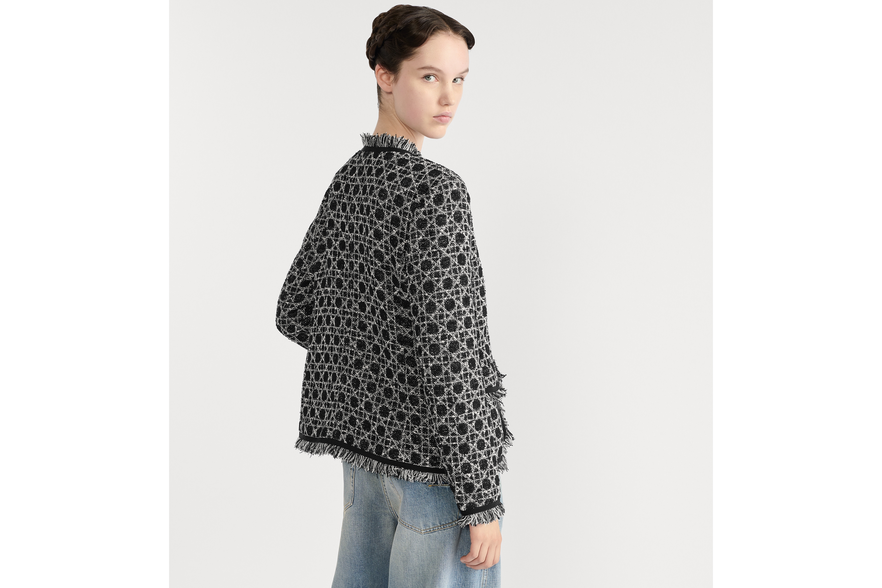 Look Macrocannage Regular-Fit Jacket Black and White Cotton-Blend Tweed Knit E06