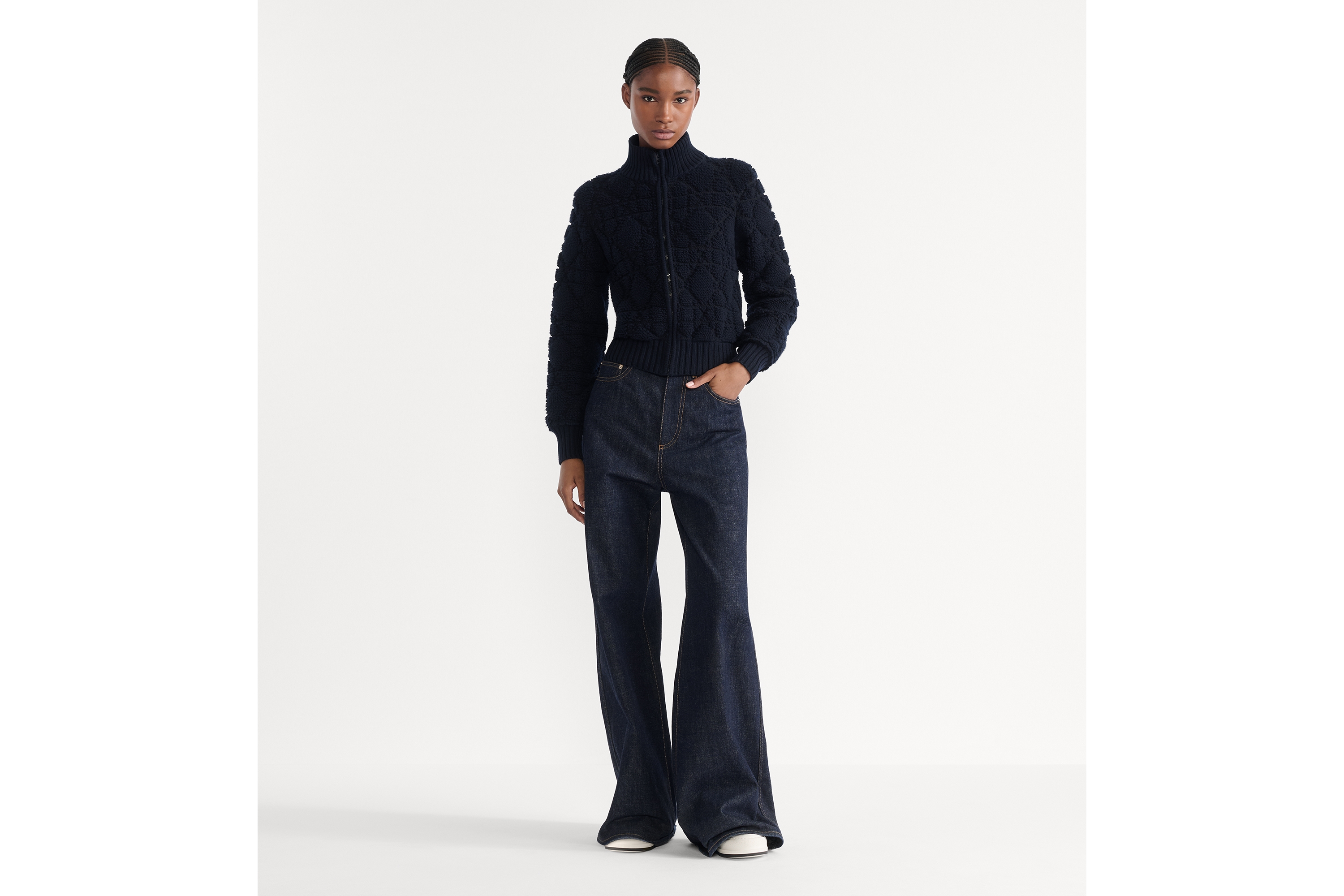 Look DiorAlps Macrocannage Zipped Cardigan Navy Blue Wool- and Cashmere-Blend Knit E01