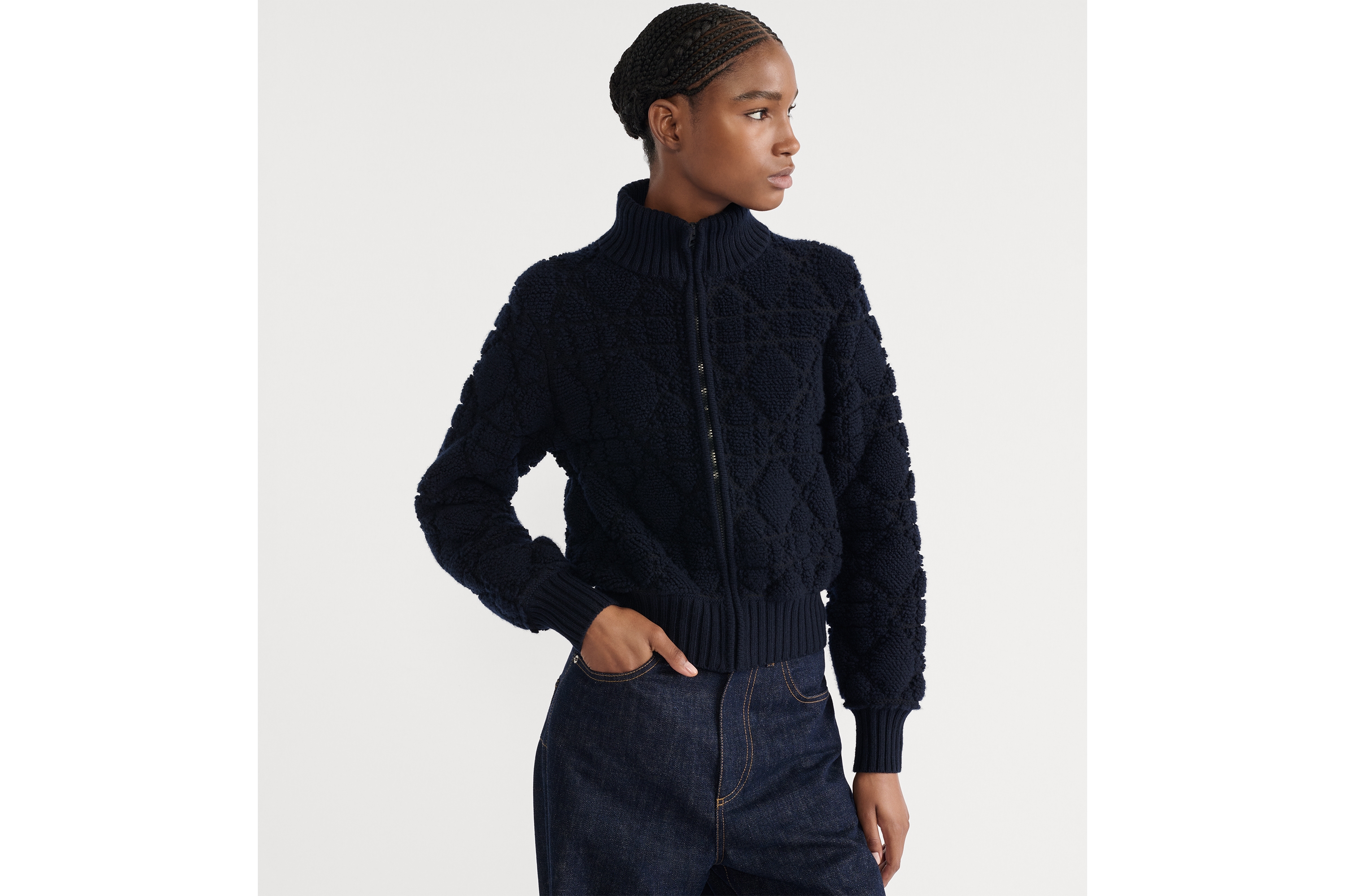 Look DiorAlps Macrocannage Zipped Cardigan Navy Blue Wool- and Cashmere-Blend Knit E05