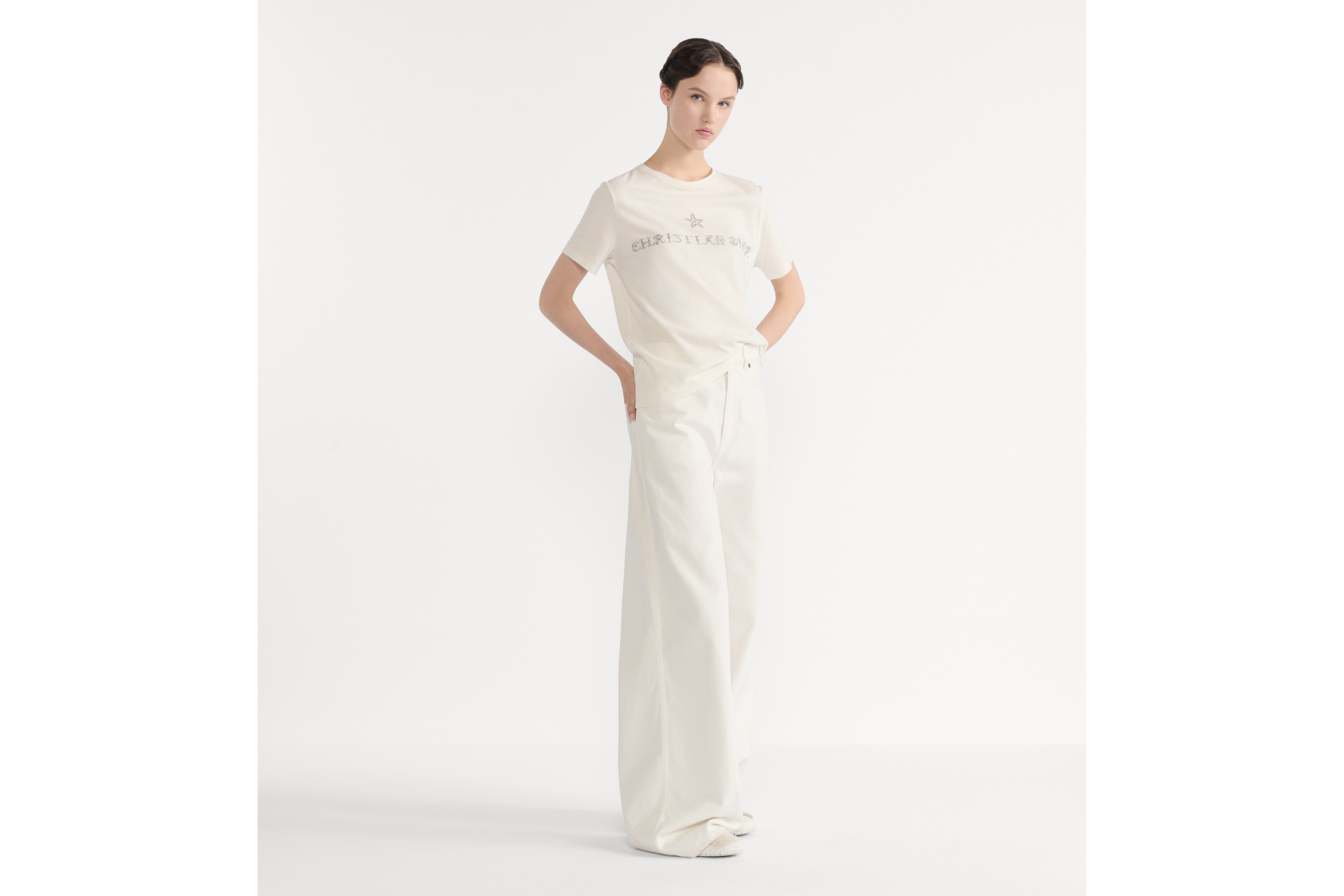 T-Shirt White Cotton and Linen Jersey with Black Dior Alphabet Motif E01