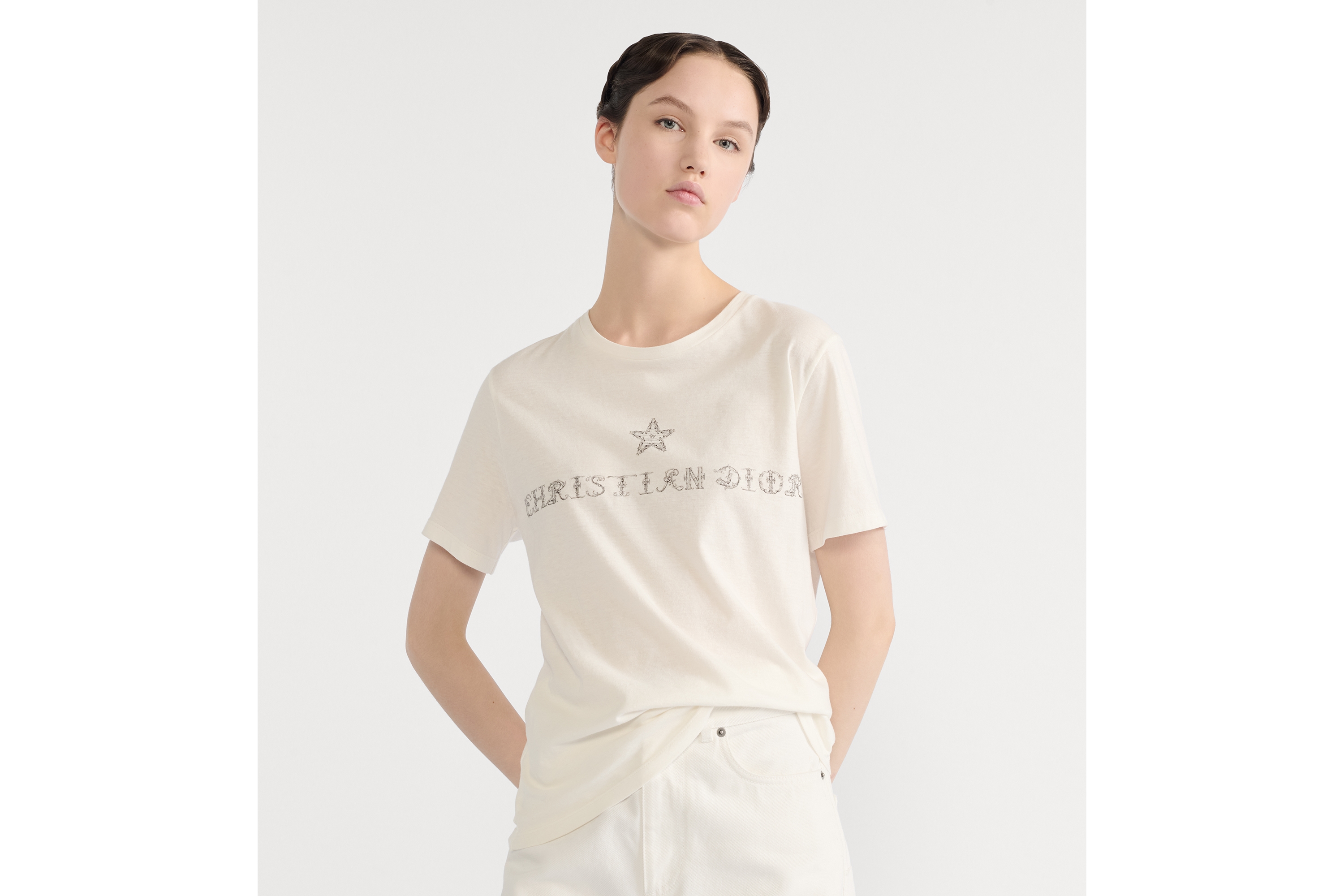 T-Shirt White Cotton and Linen Jersey with Black Dior Alphabet Motif E04