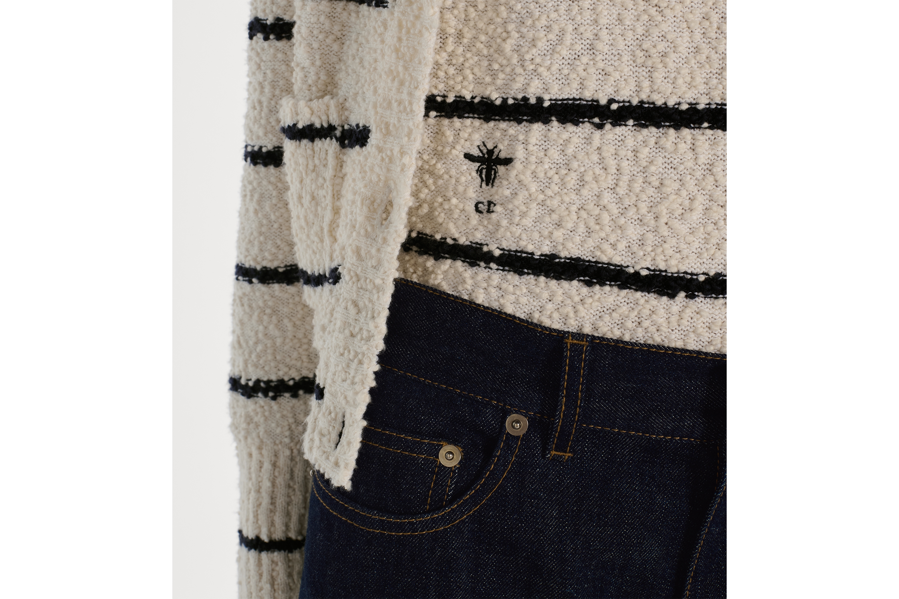 Twin-set Dior Marinière Malha com mescla de algodão e lã buclê branca e azul-marinho E13