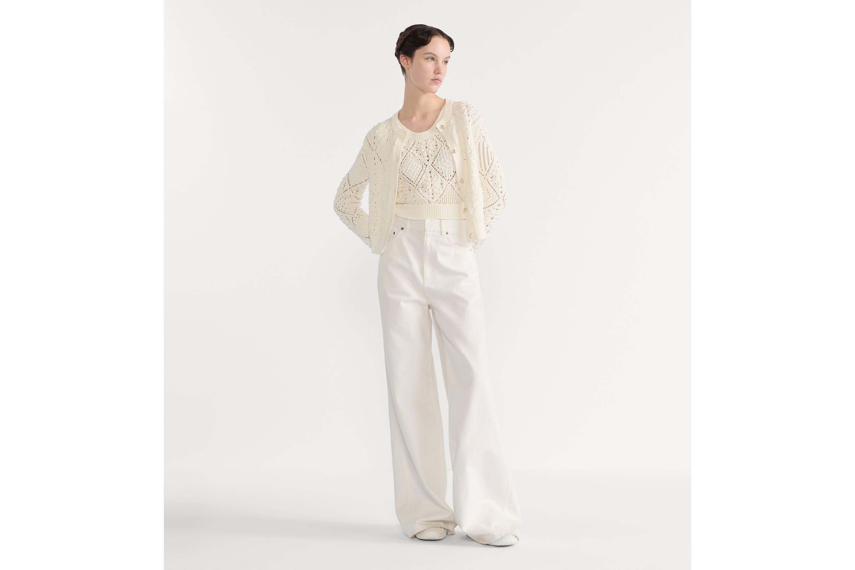 兩件式套裝 白色鏤空純棉針織布 E01