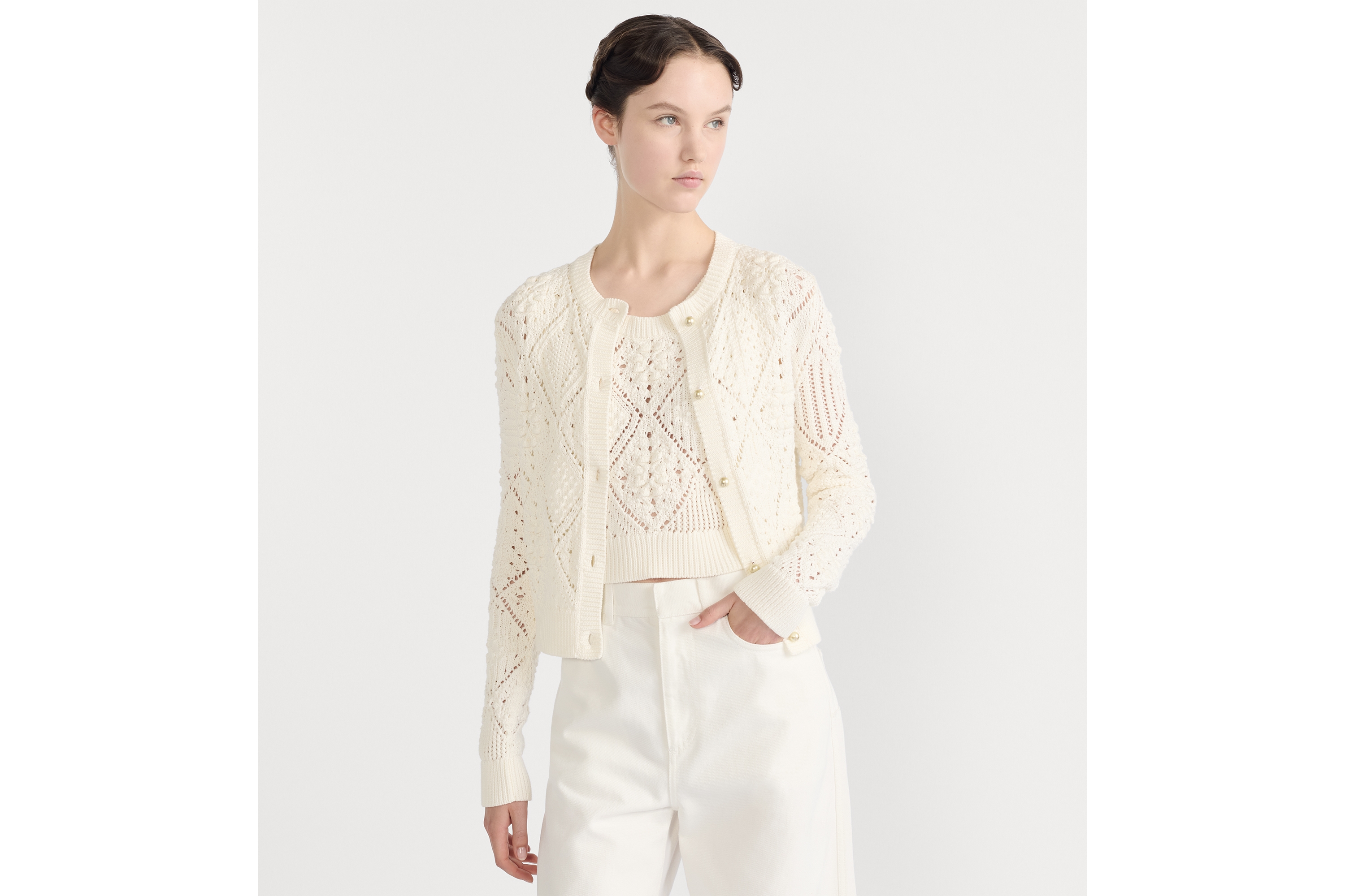 兩件式套裝 白色鏤空純棉針織布 E04