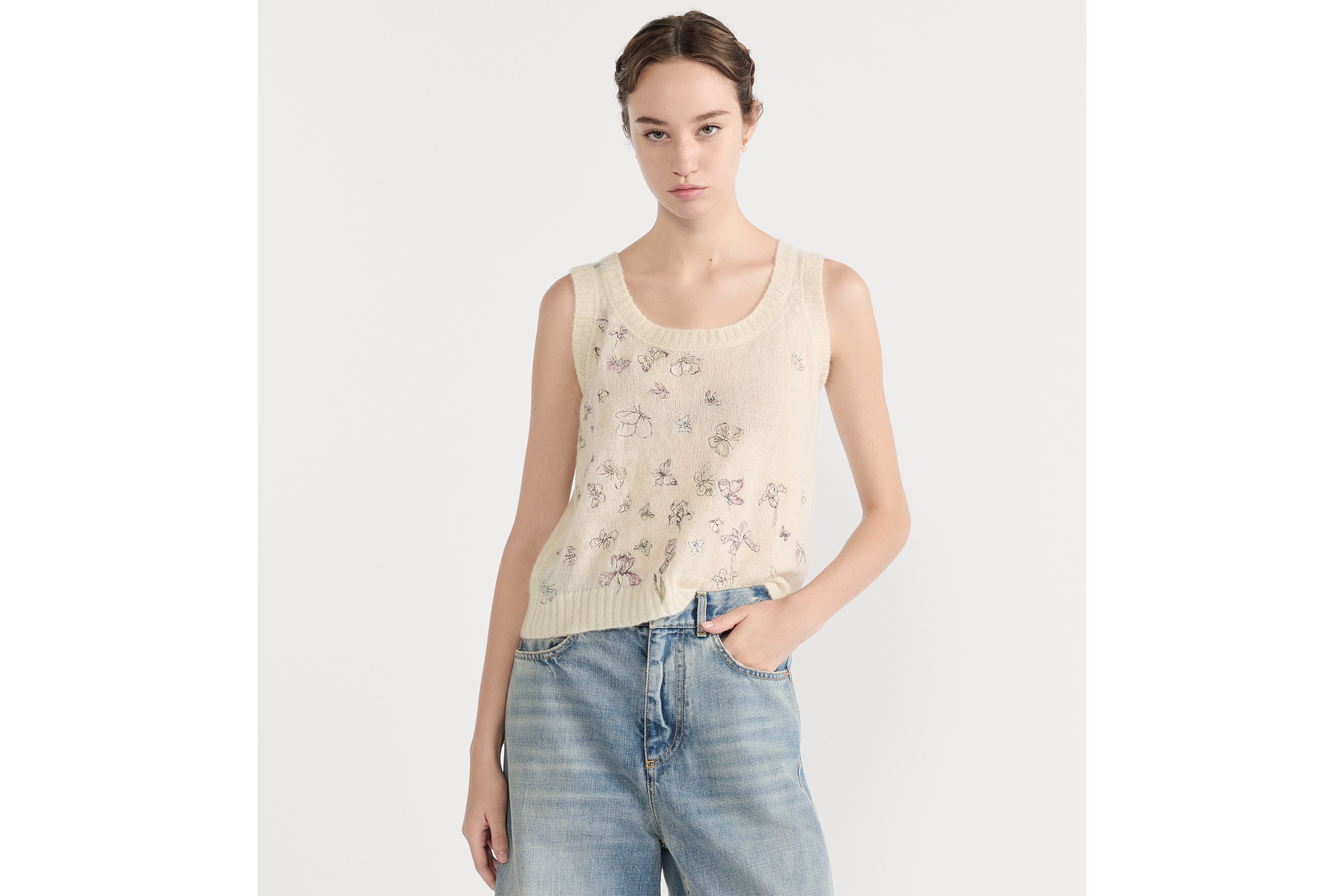 Look Embroidered Twinset White Alpaca, Cashmere and Silk Knit with Multicolor Butterflies & Iris Motif E04