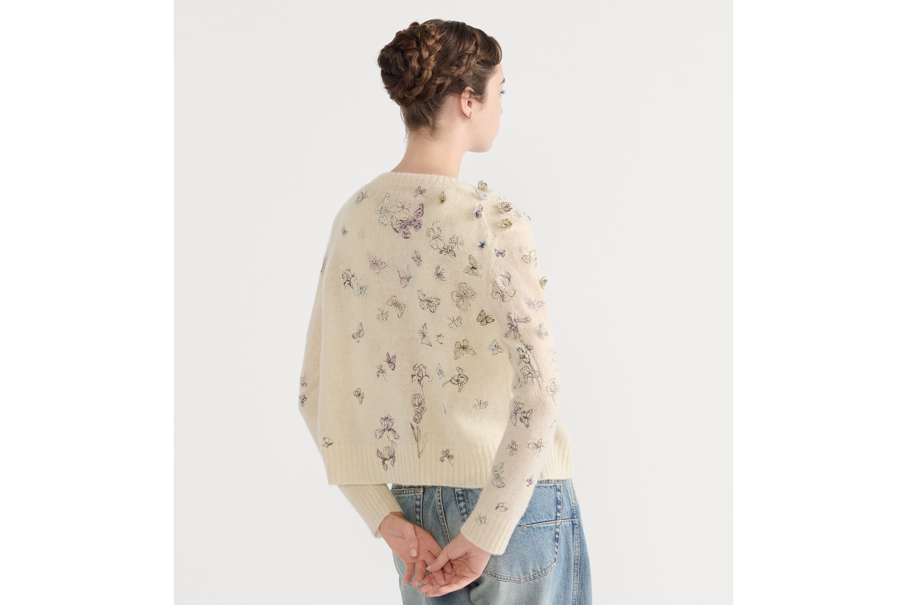 Look Embroidered Twinset White Alpaca, Cashmere and Silk Knit with Multicolor Butterflies & Iris Motif E06