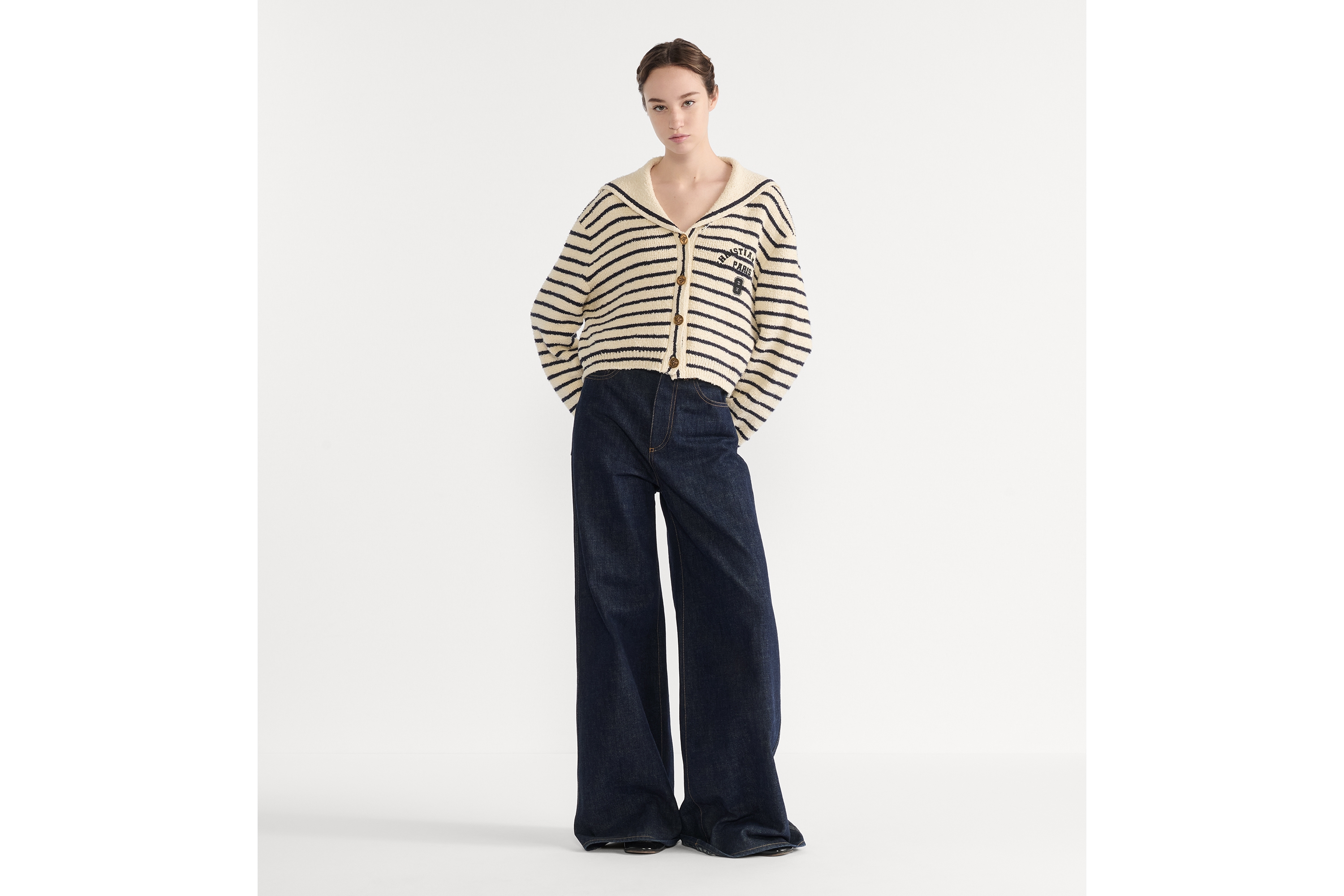 Dior Marinière 水手領開襟衫 白色和海軍藍純棉針織布 E01