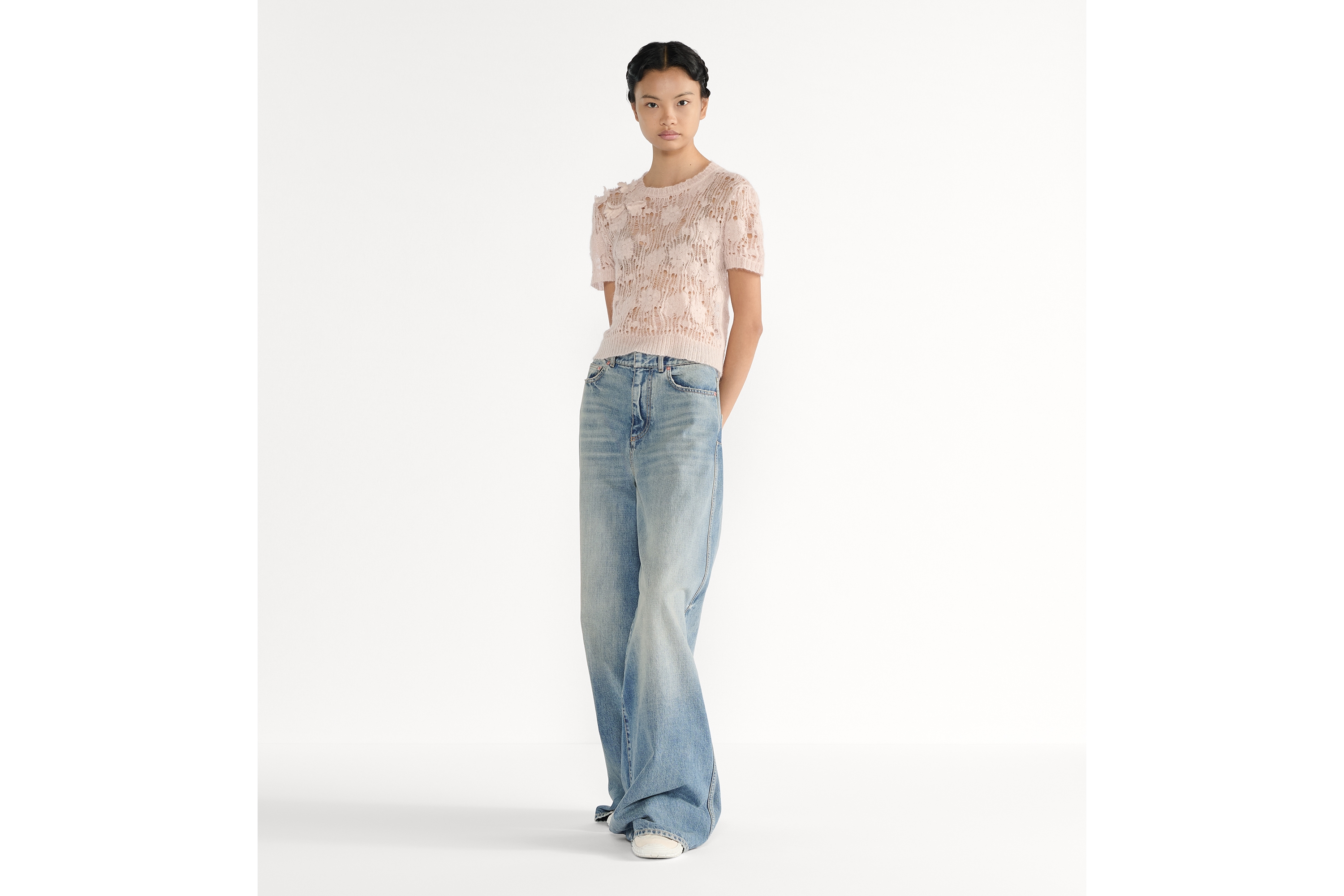 Look Short-Sleeved Sweater Pink Openwork Silk-Mohair-Alpaca-Blend Knit E01