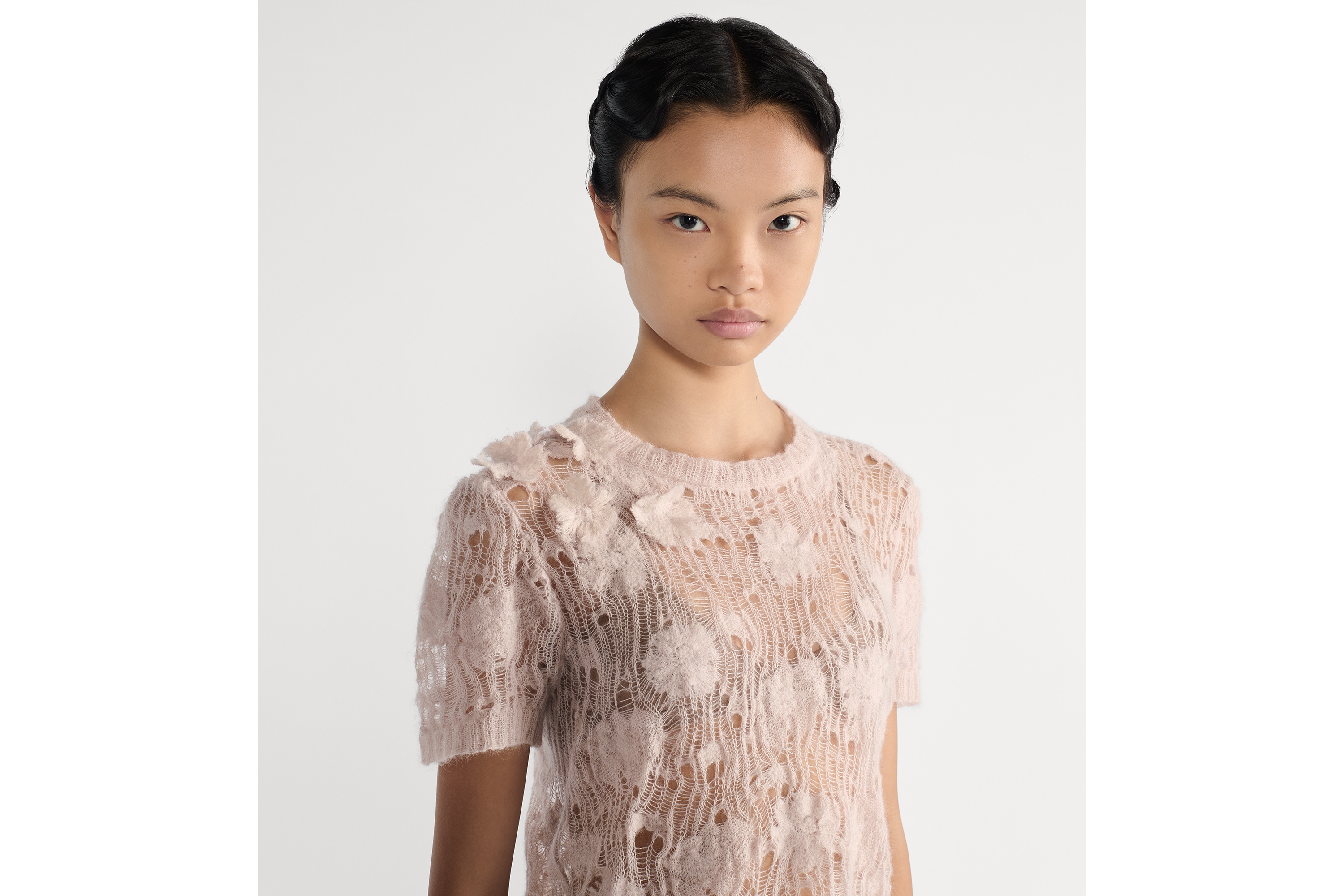 短袖毛衣 粉紅色鏤空絲綢、馬海毛、羊駝毛混紡針織 E04