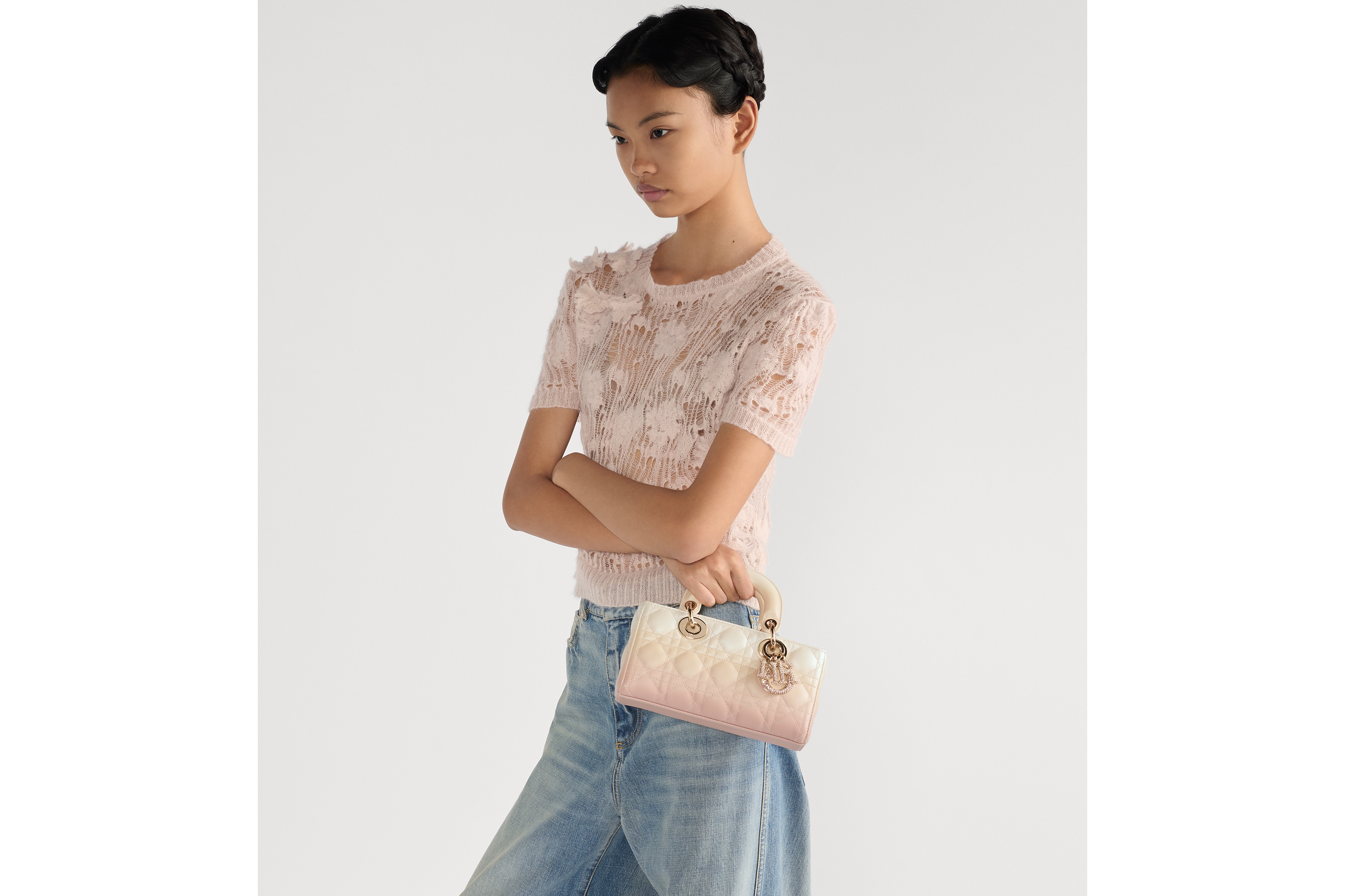 look_image_alt_prefix 小碼 Lady D-Joy 手袋 粉紅色和奶白色漸變 Cannage 藤格紋圖案羊皮 E05