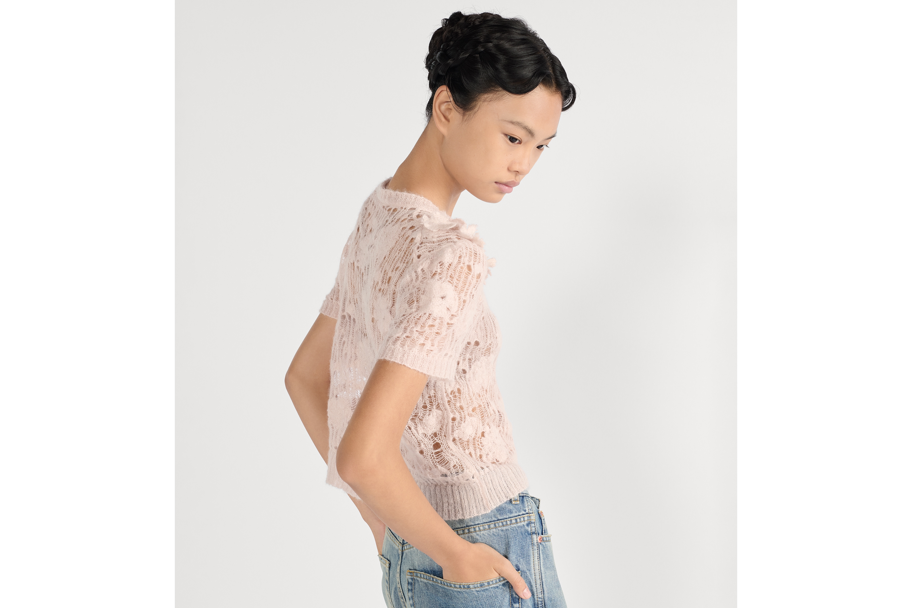 短袖毛衣 粉紅色鏤空絲綢、馬海毛、羊駝毛混紡針織 E06