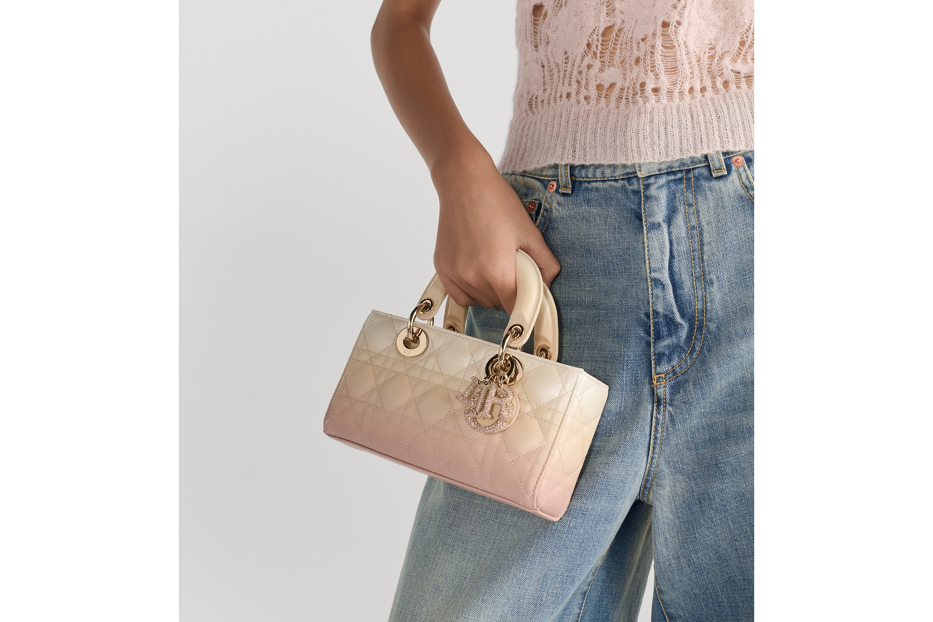 Small Lady D-Joy Bag Pink and Latte Gradient Cannage Lambskin E11