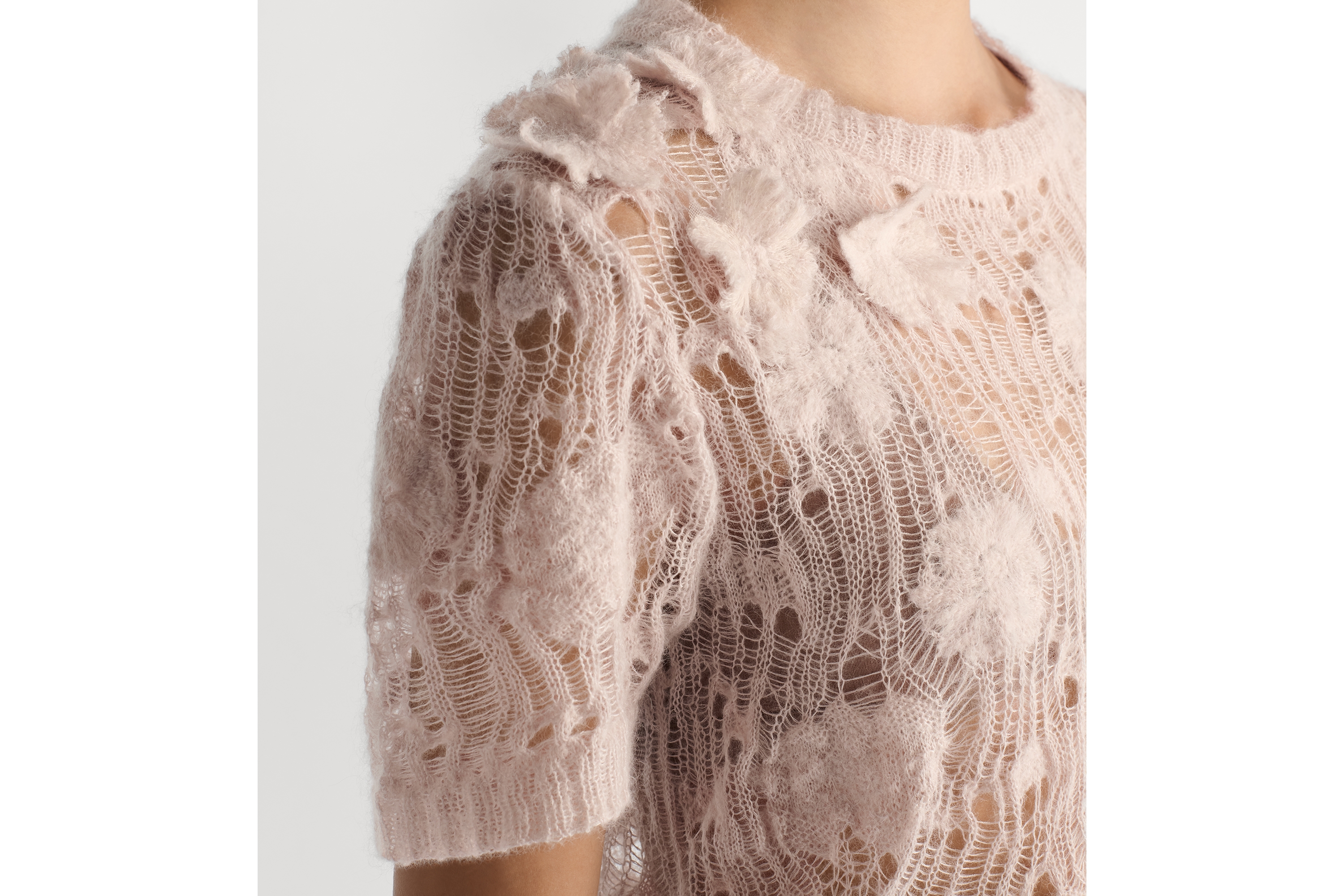 短袖毛衣 粉紅色鏤空絲綢、馬海毛、羊駝毛混紡針織 E12