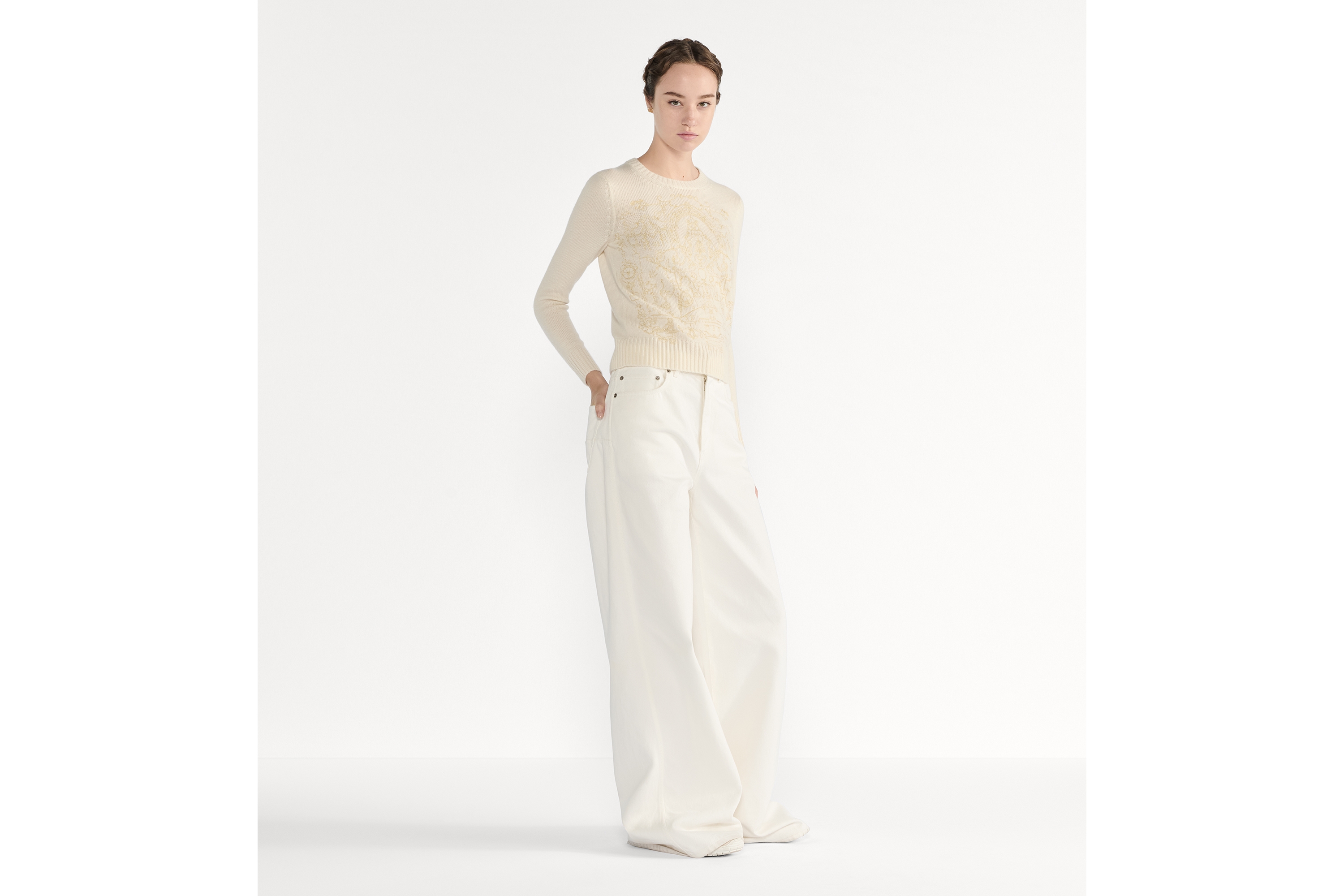 刺繡毛衣 米白色羊絨織物配金色色調 Dioresque Stella 主題圖案 E01