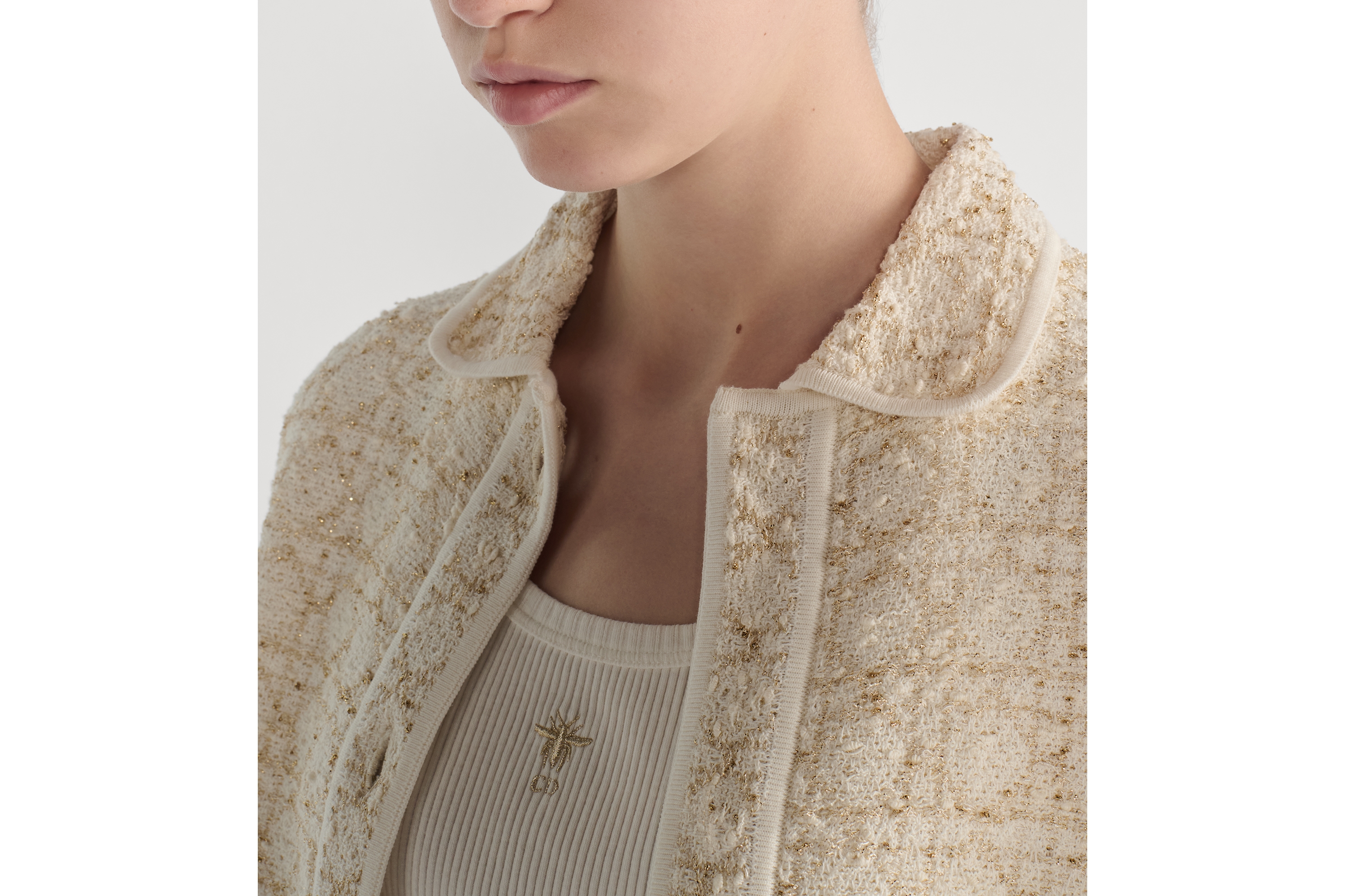 Jaqueta Macrocannage Malha de tweed com mescla de algodão branca e dourada E12