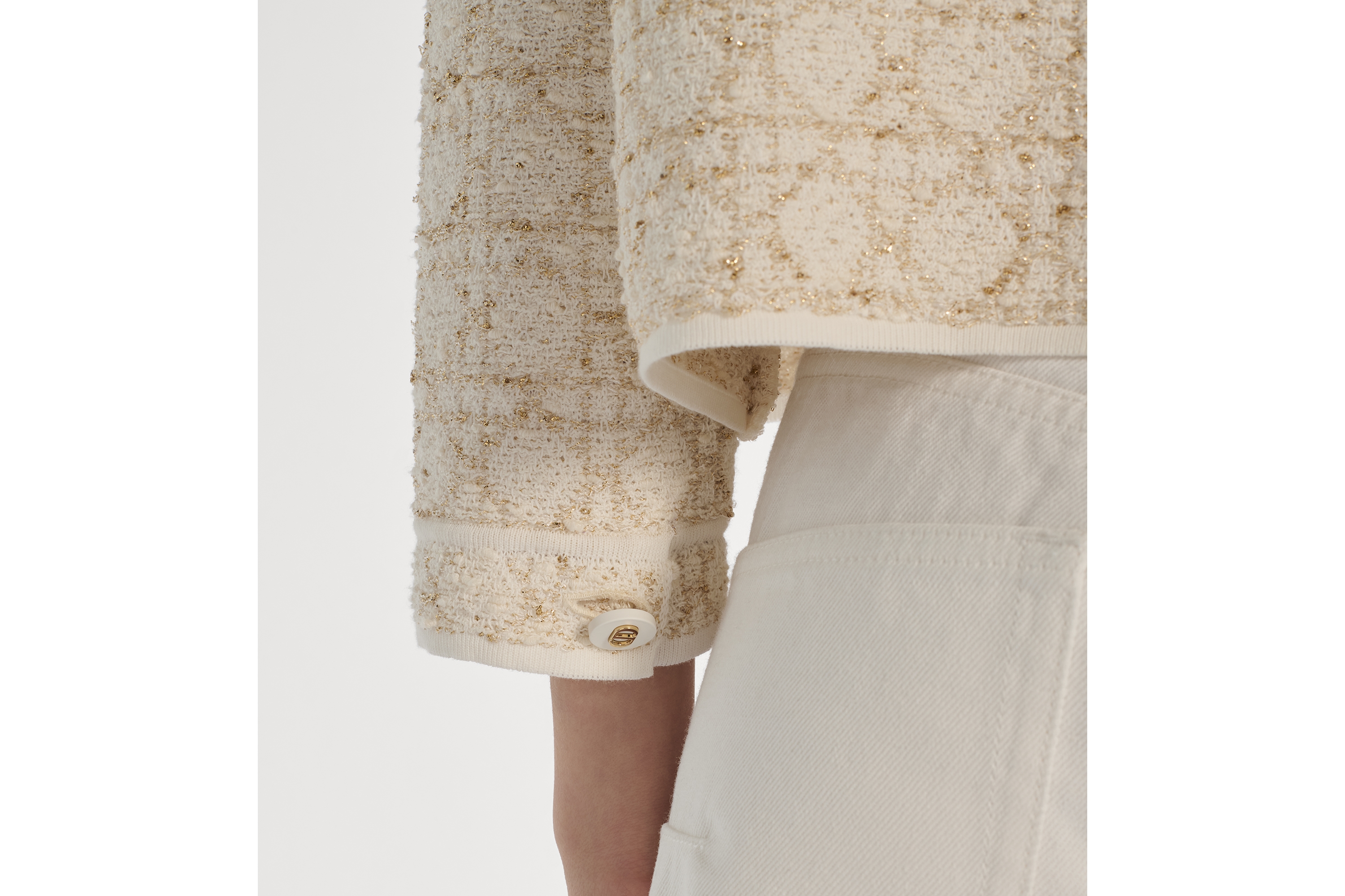 Jaqueta Macrocannage Malha de tweed com mescla de algodão branca e dourada E13