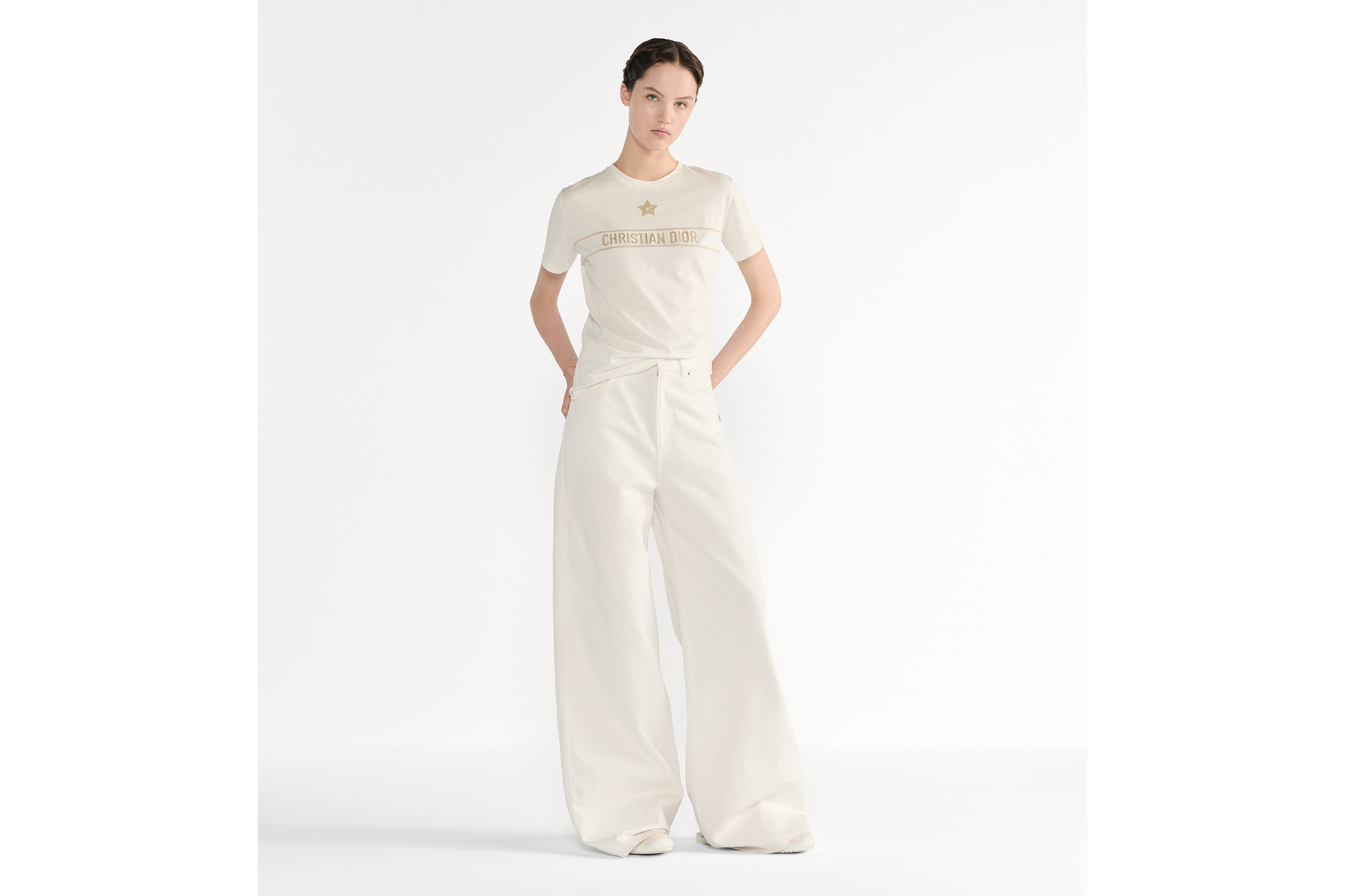 Look Embroidered T-Shirt Ecru and Gold-Tone Cotton-Blend Jersey E01