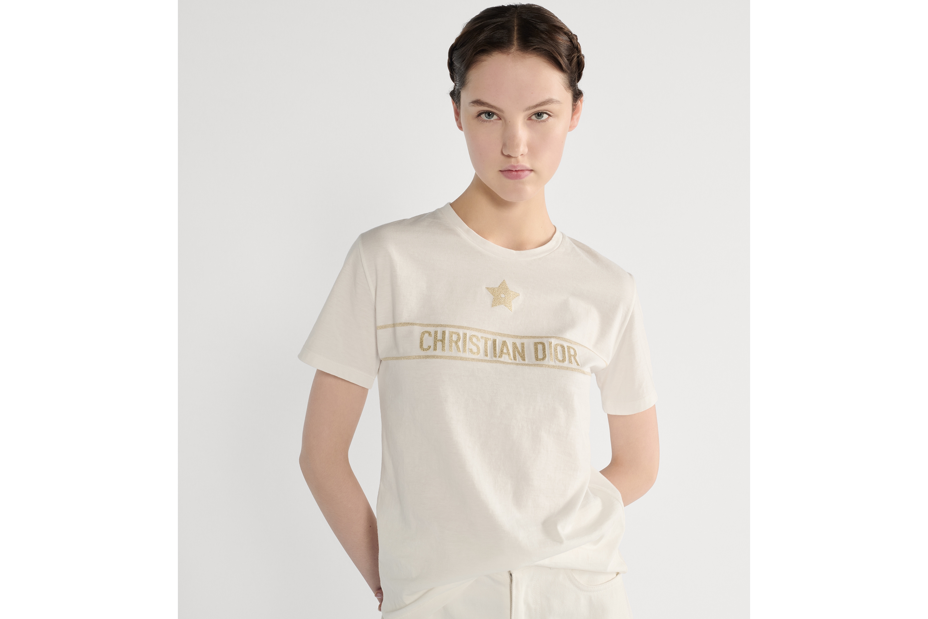 刺繡 T 恤 米棕色和金色棉質針織布 E04