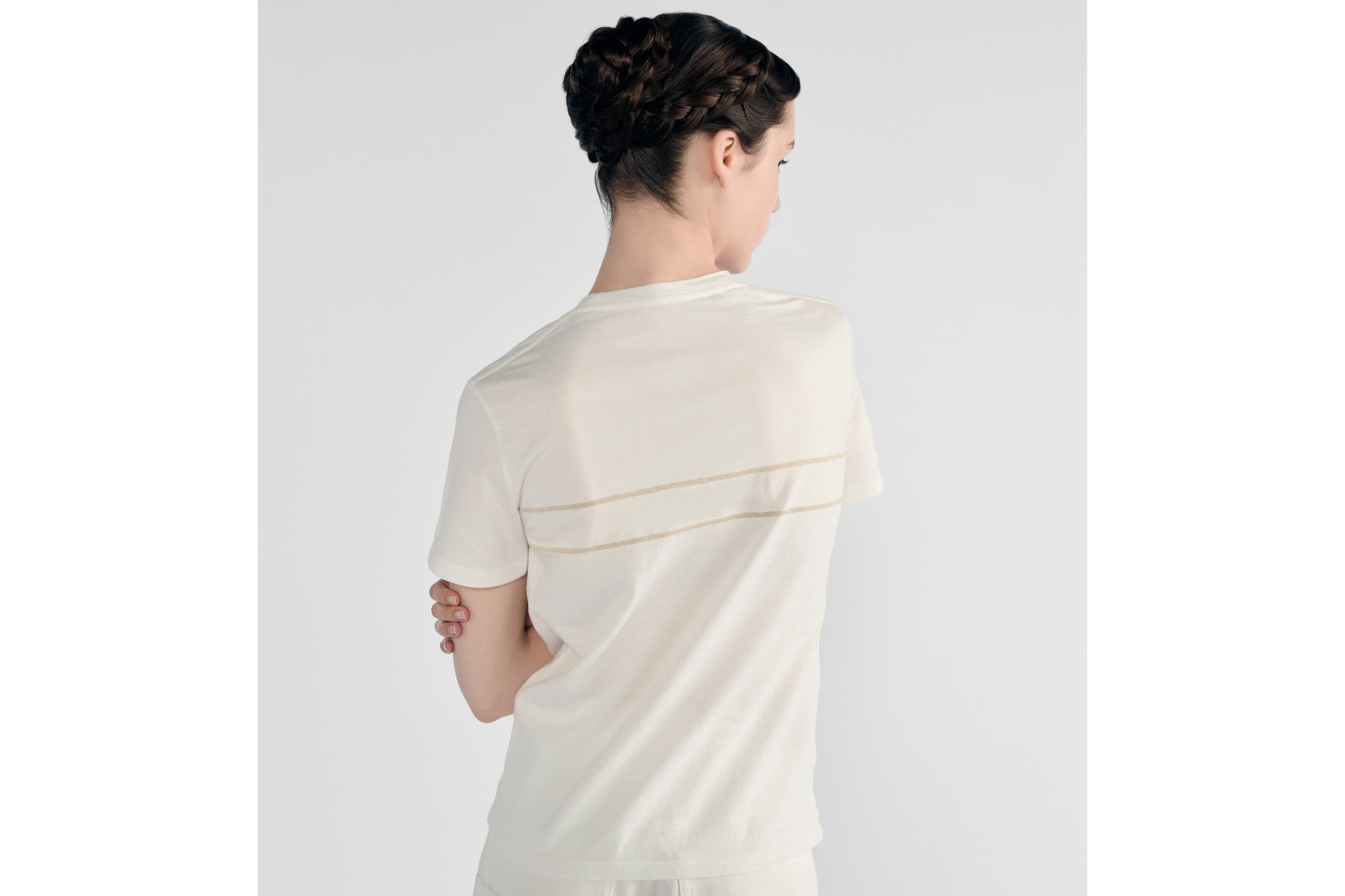 刺繡 T 恤 米棕色和金色棉質針織布 E06