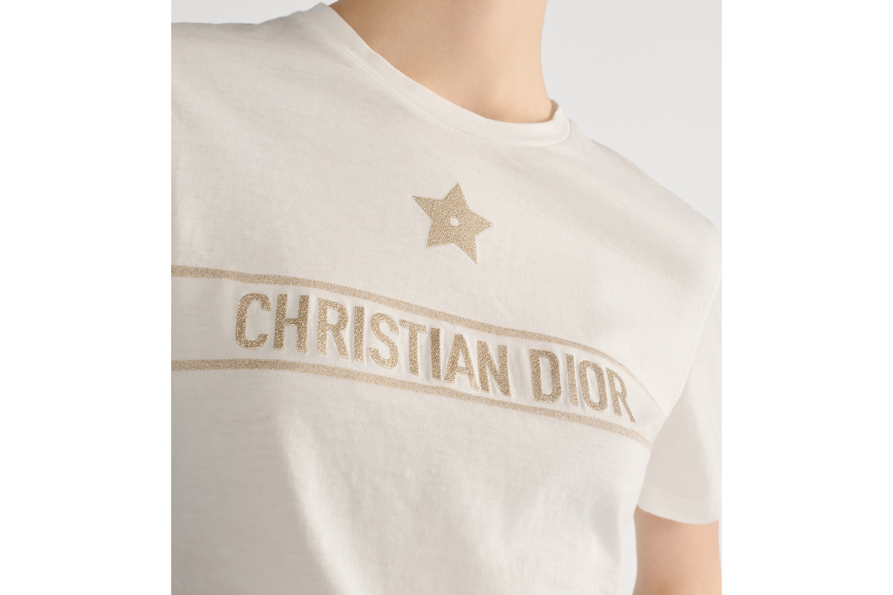 刺繡 T 恤 米棕色和金色棉質針織布 E12