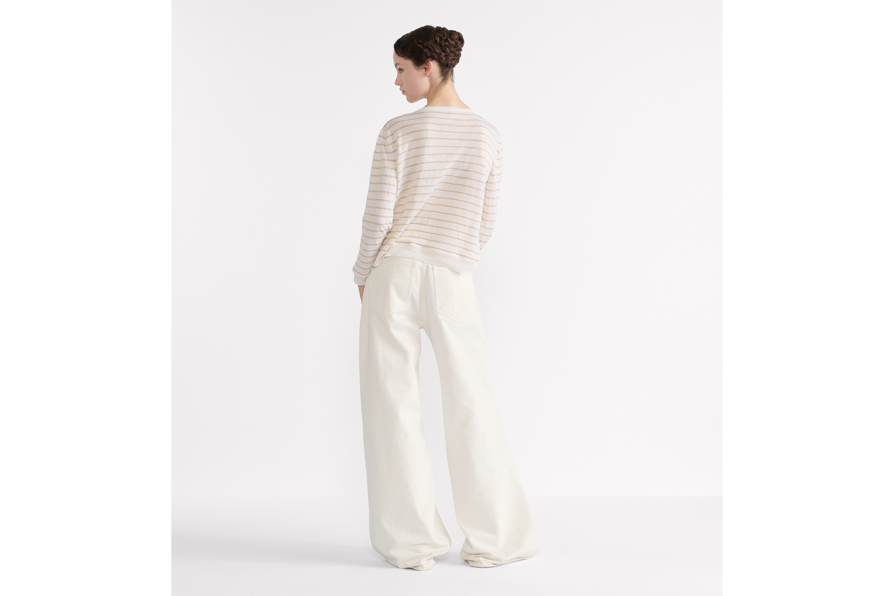 Look Dior Marinière Sweater Ecru Linen-Cashmere-Silk-Blend Knit with Gold-Tone Dioresque Stella Motif E03