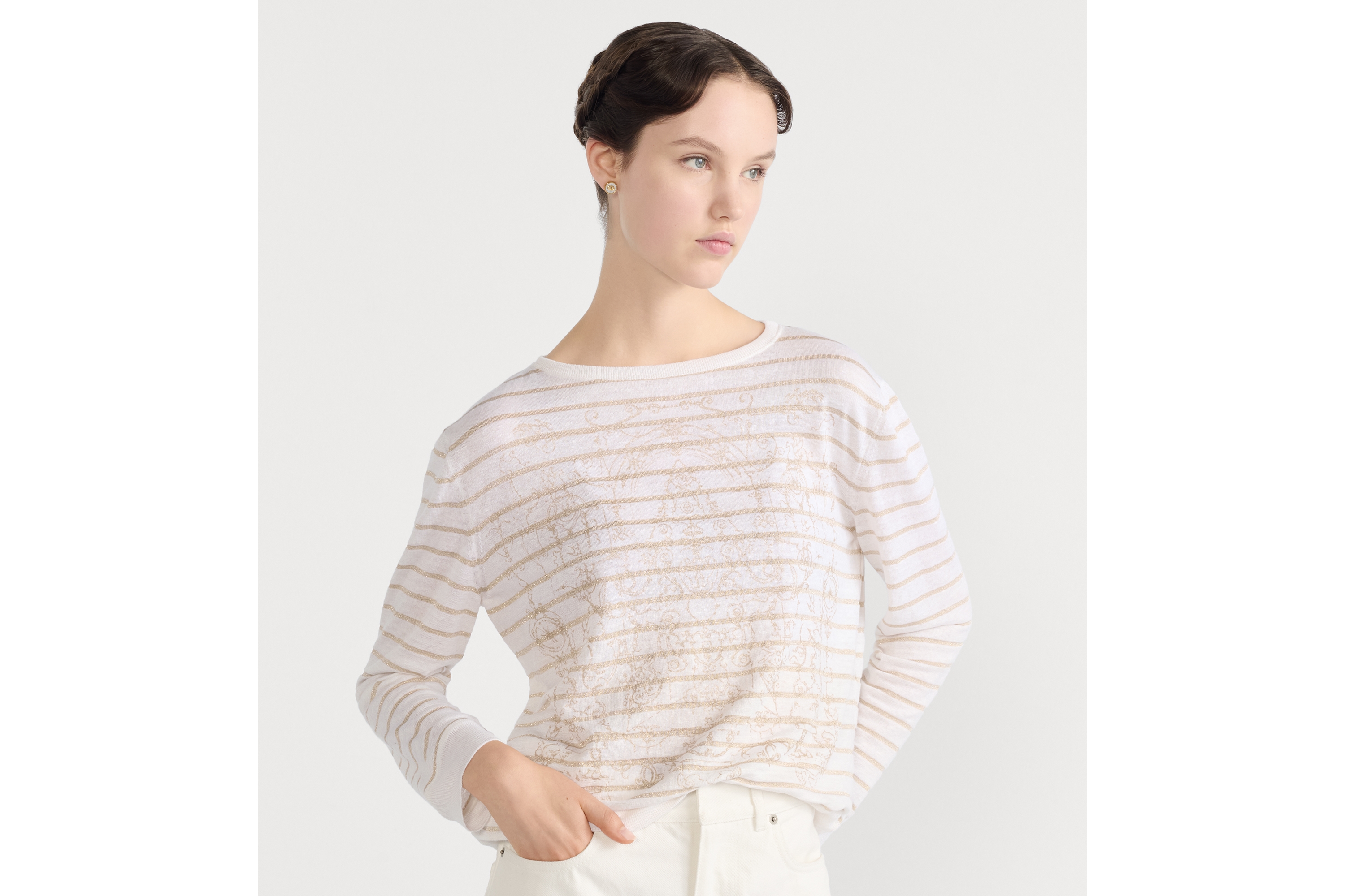 Dior Marinière 毛衣 米白色亞麻布、羊絨絲綢混紡針織配金色色調 Dioresque Stella 主題圖案 E04