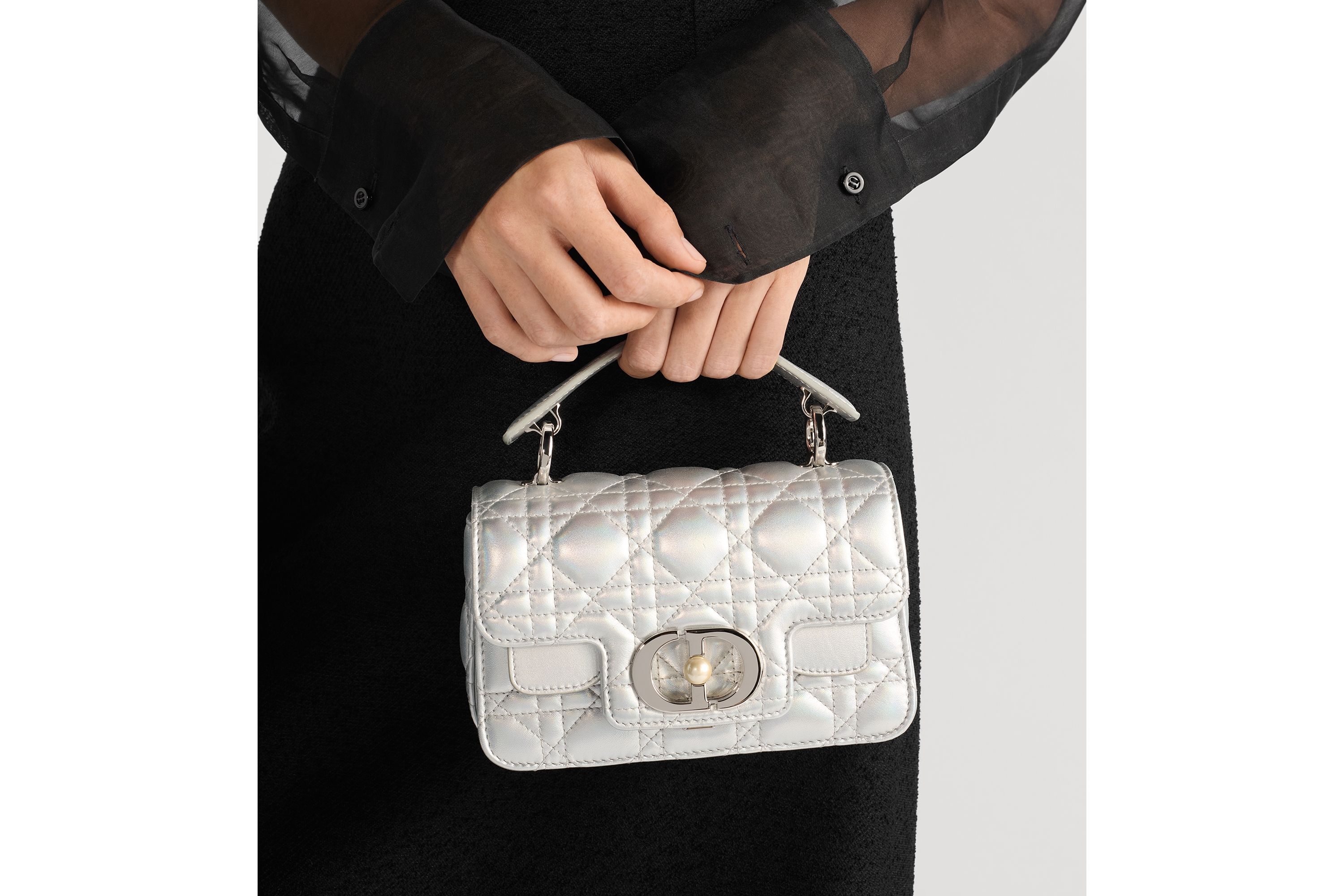 Look Mini Dior Jolie Top Handle Bag Silver-Tone Iridescent Metallic Cannage Calfskin E10
