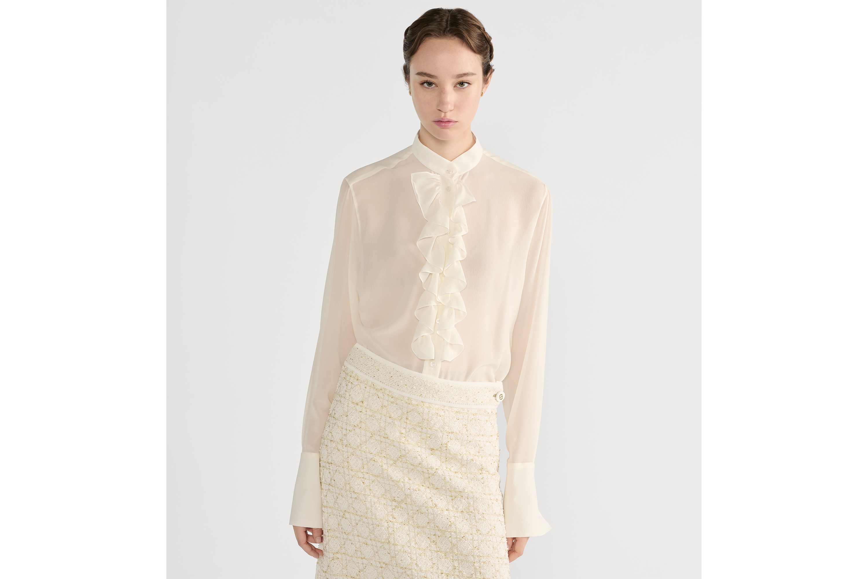 Look Blouse with Ruffled Neckline Ecru Silk Georgette E04