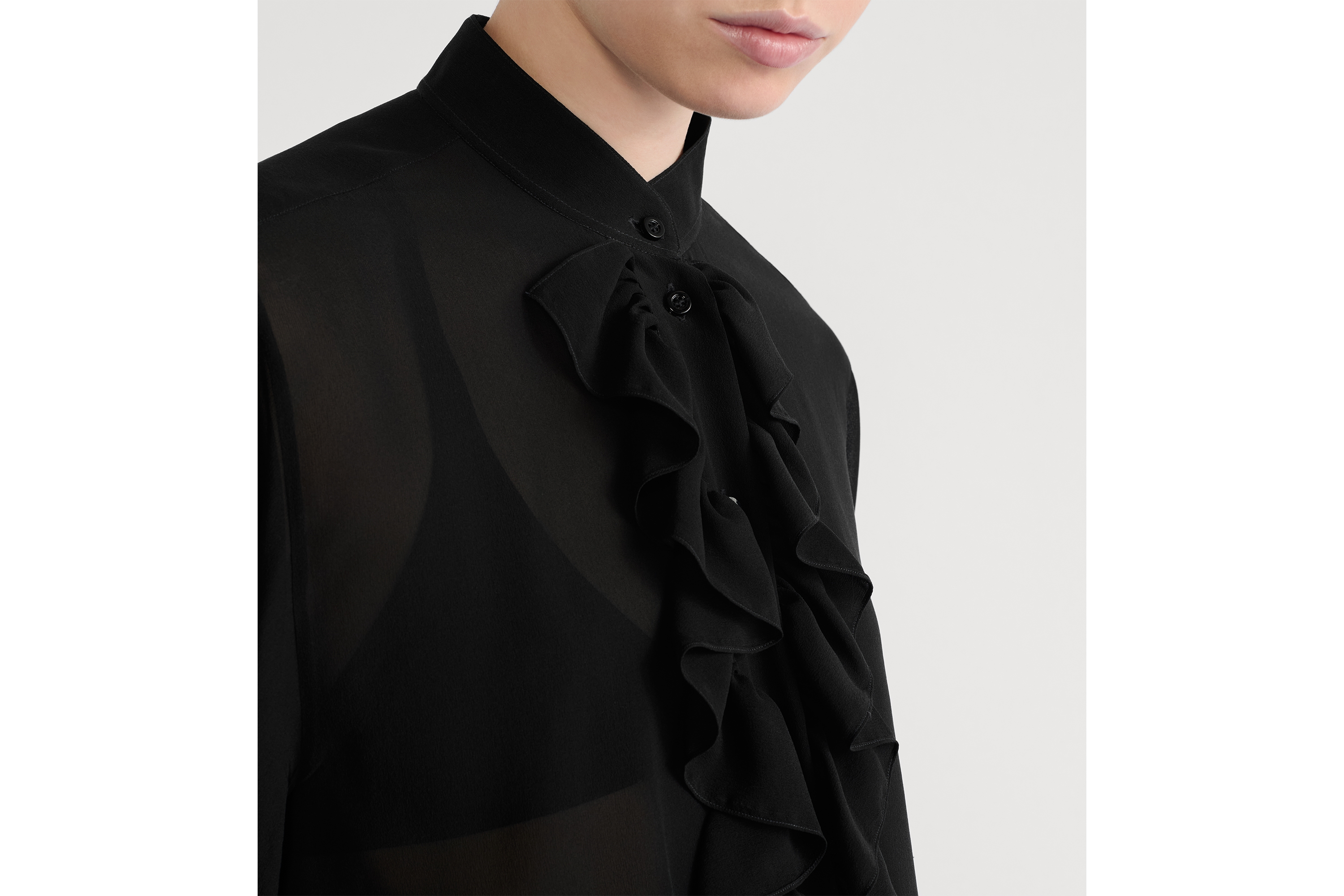 Blouse with Ruffled Neckline Black Silk Georgette E12