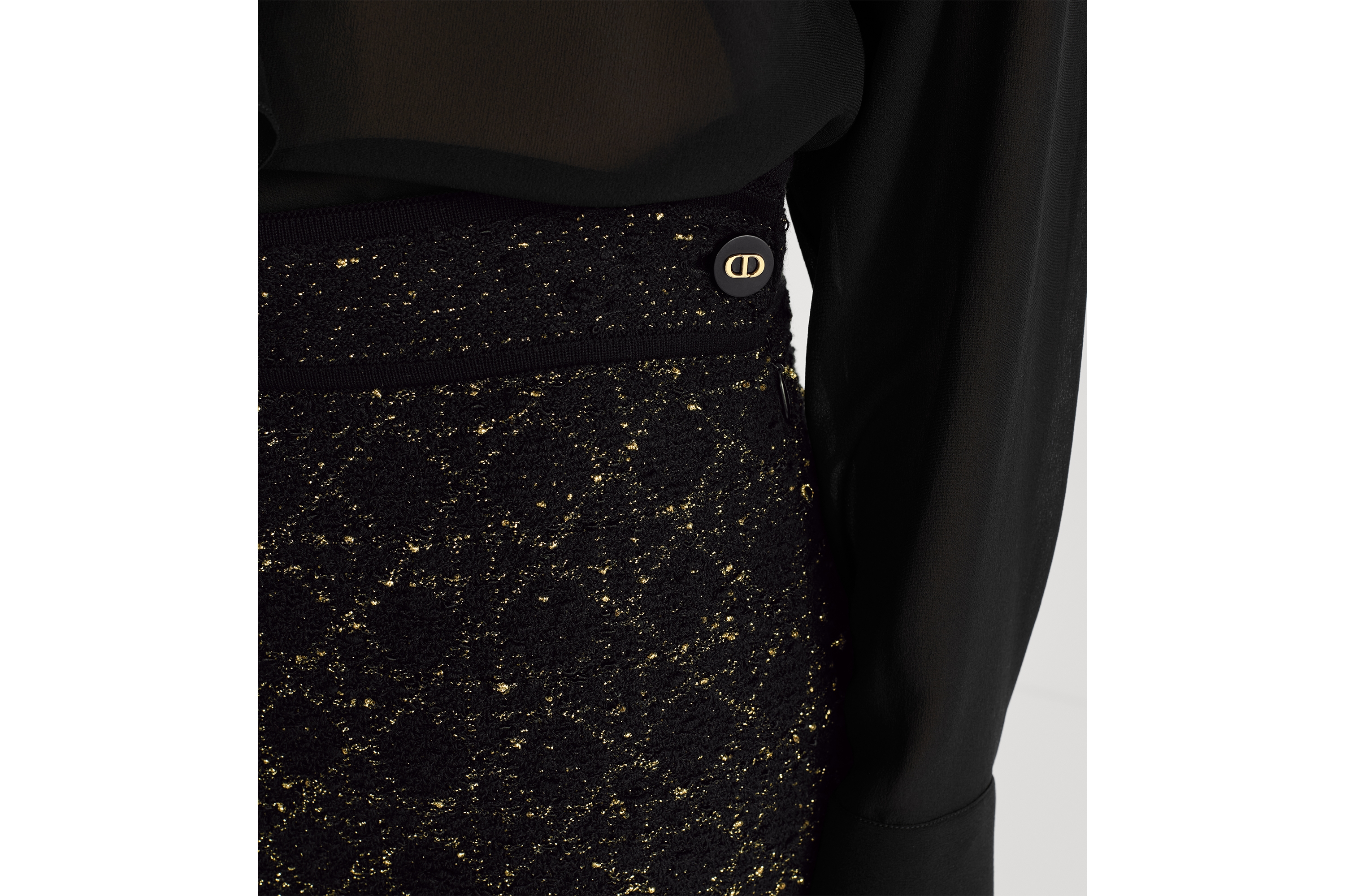 Mid-Length Macrocannage Straight Skirt Black and Gold-Tone Cotton-Blend Tweed Knit E13