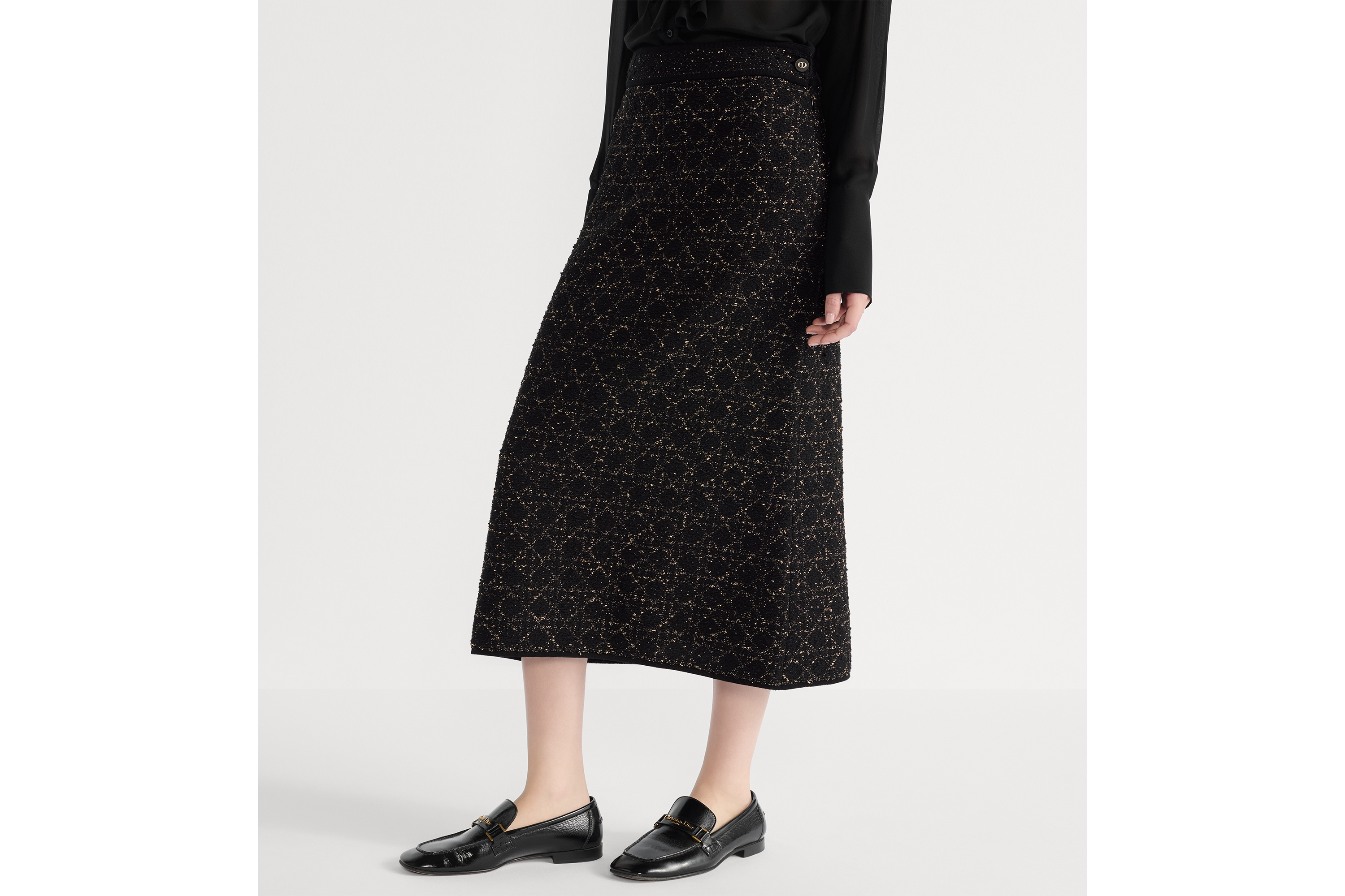 Mid-Length Macrocannage Straight Skirt Black and Gold-Tone Cotton-Blend Tweed Knit E14