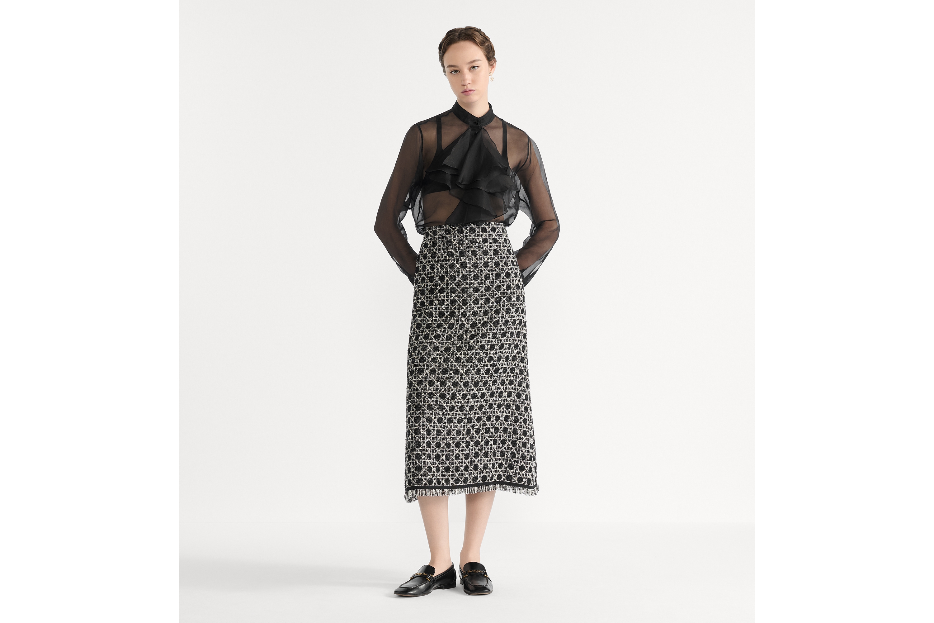 Look Mid-Length Macrocannage Flared Skirt Black and White Cotton-Blend Tweed Knit E01