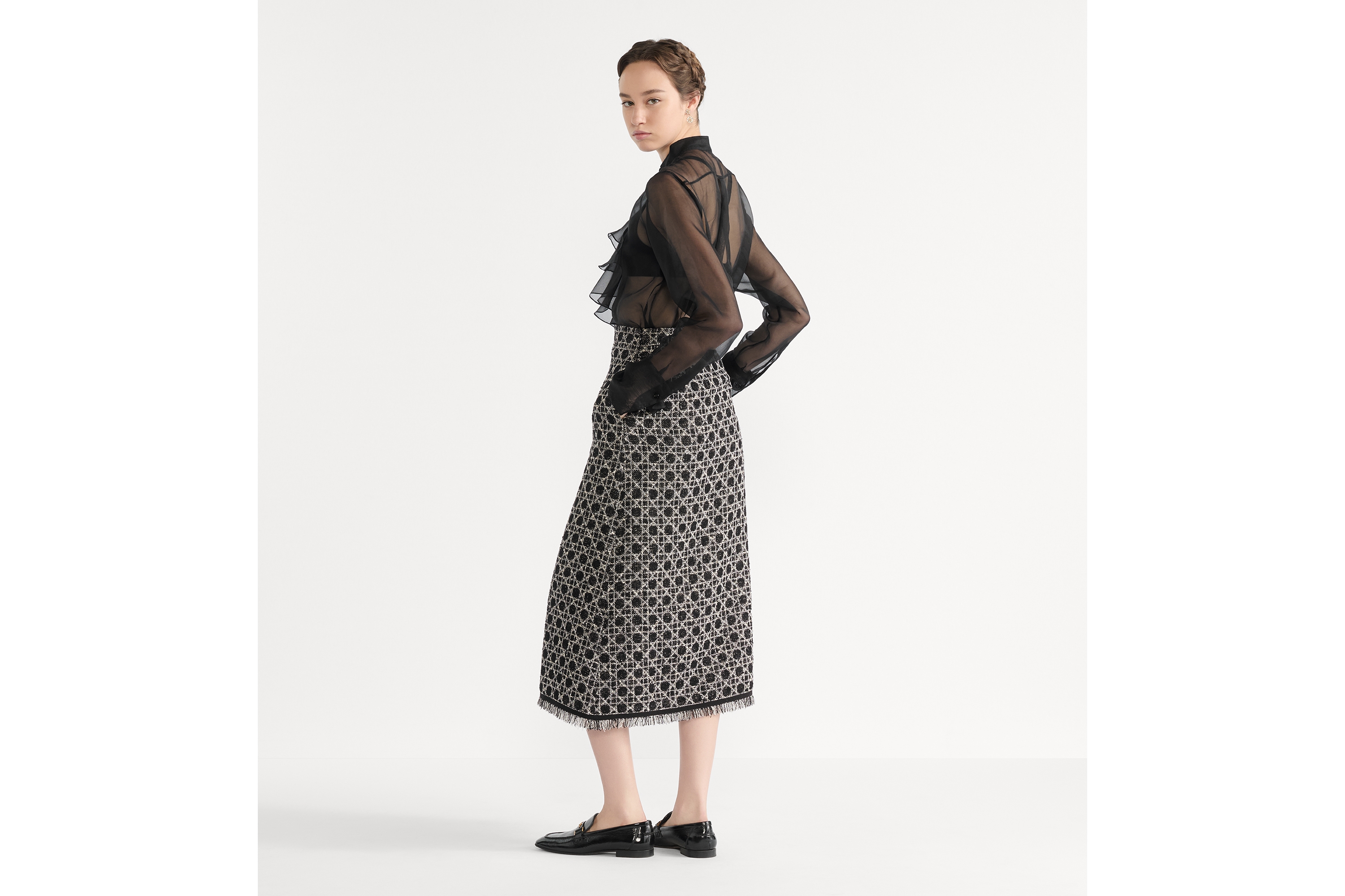 Look Mid-Length Macrocannage Flared Skirt Black and White Cotton-Blend Tweed Knit E03