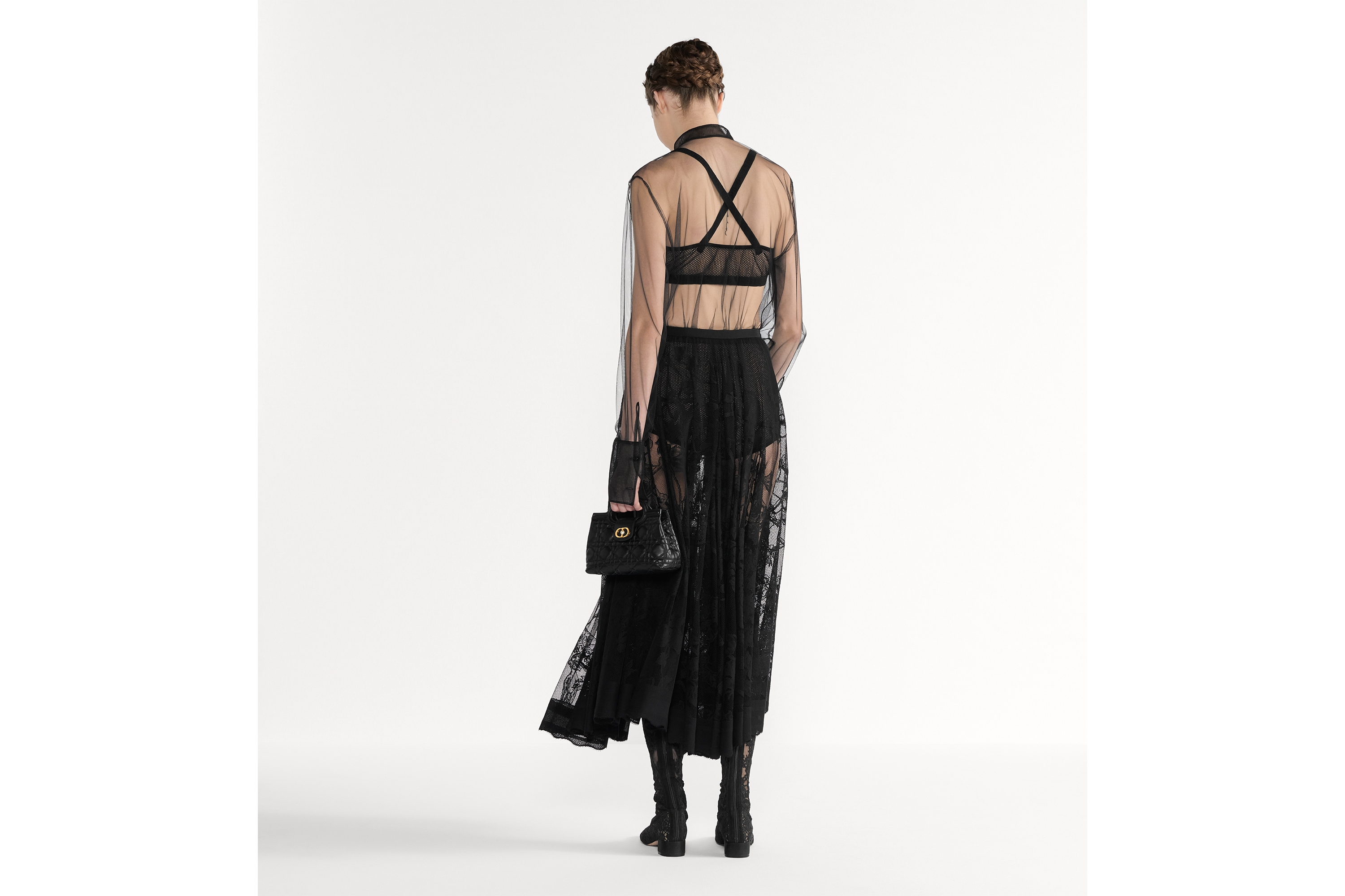 Mid-Length Flared Skirt Black Jardin D-Étoile Cotton-Blend Lace E03