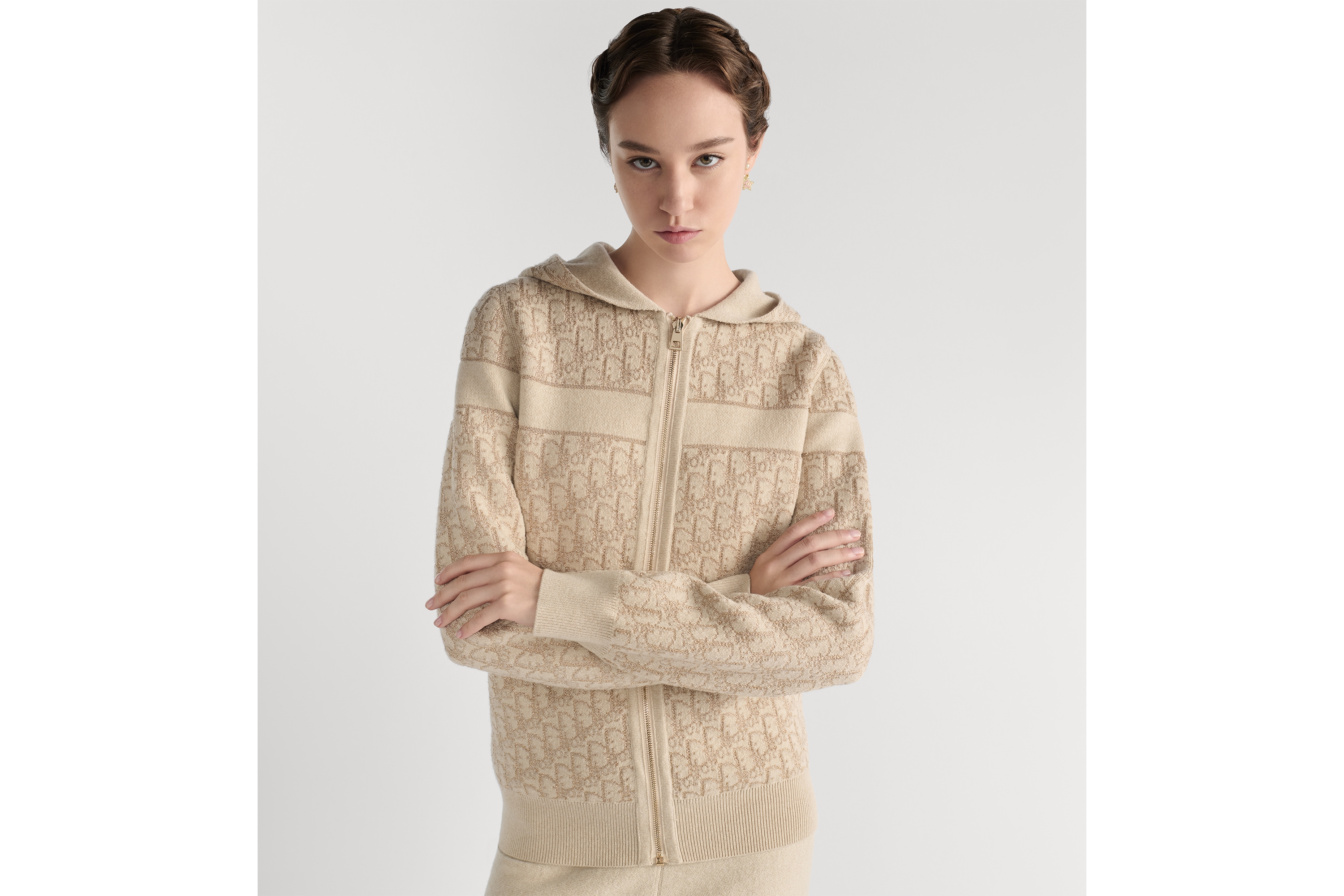 Cardigã reversível com zíper e capuz Malha com mescla de cashmere metálica dourada com motivo Dior Oblique E04
