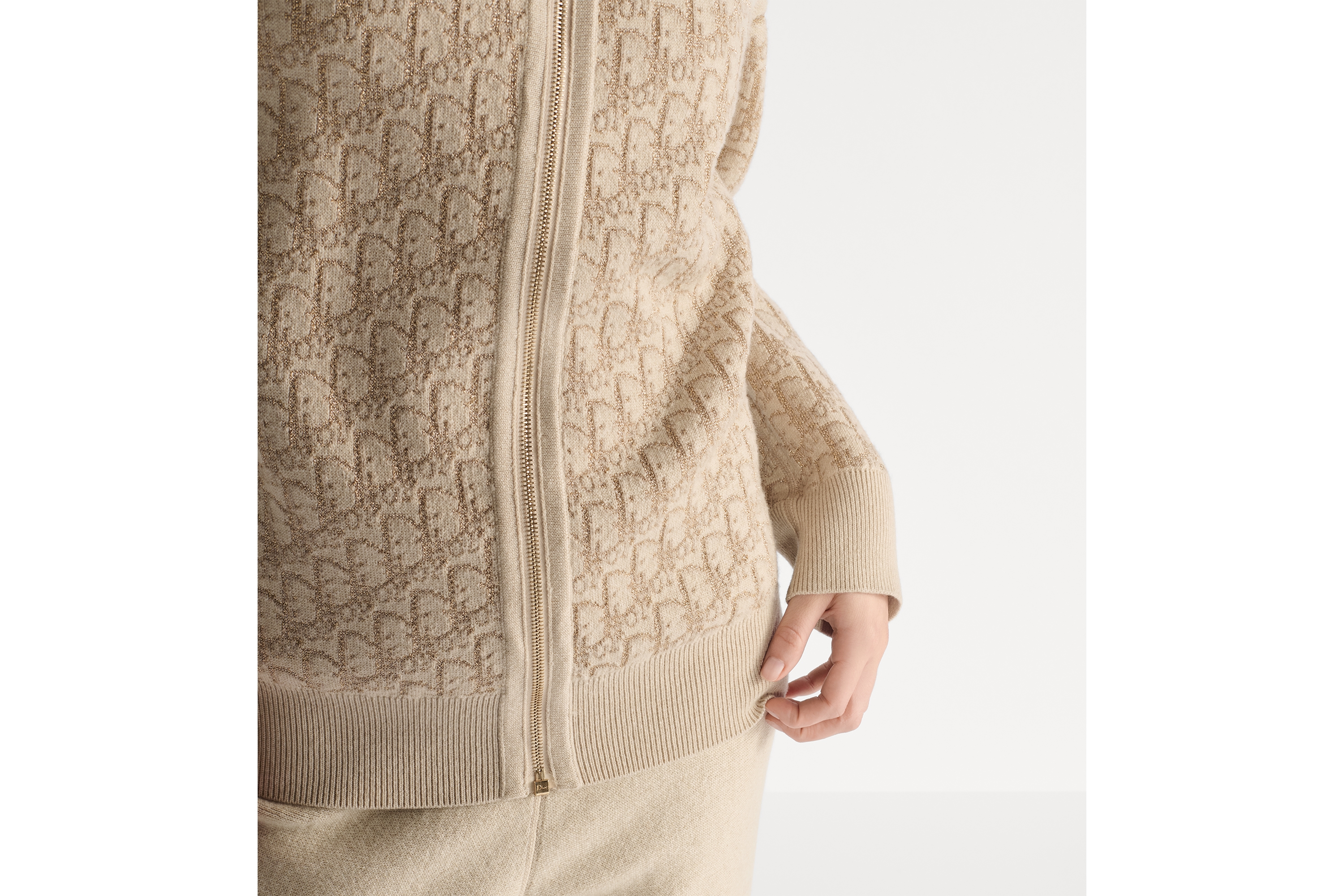 Look Reversible Zipped Cardigan with Hood Gold-Tone Metallic Cashmere-Blend Knit with Dior Oblique Motif E10